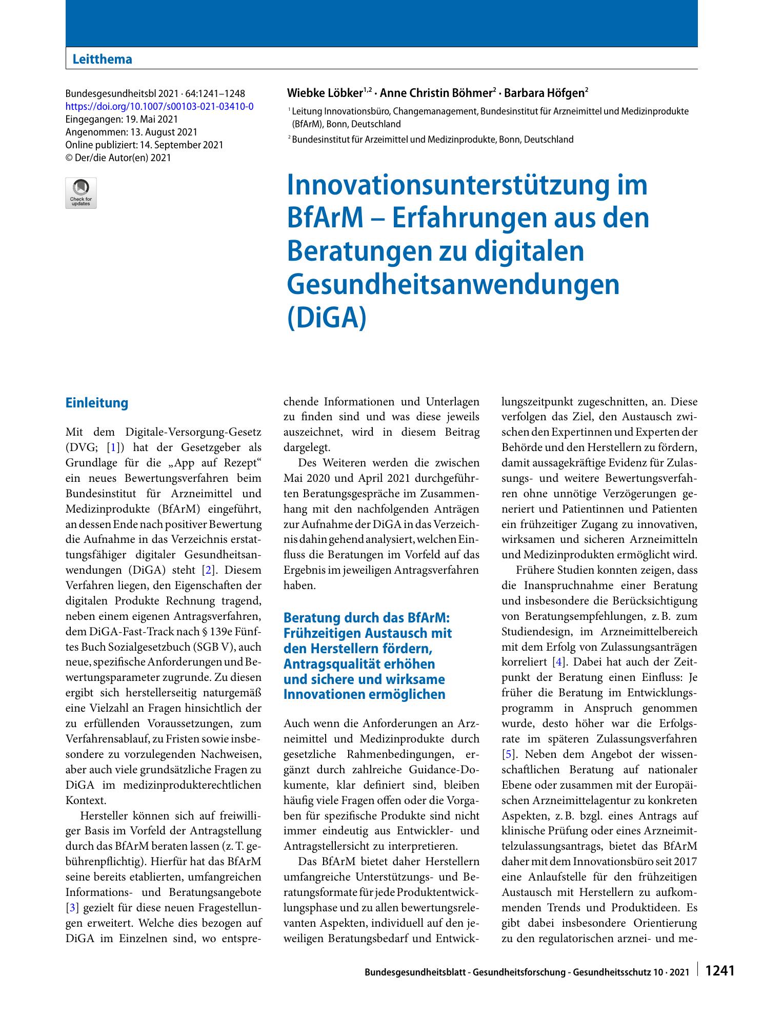 Vorschauseite 1: Innovationsunterstützung im BfArM – Erfahrungen aus den Beratungen zu digitalen Gesundheitsanwendungen (DiGA)