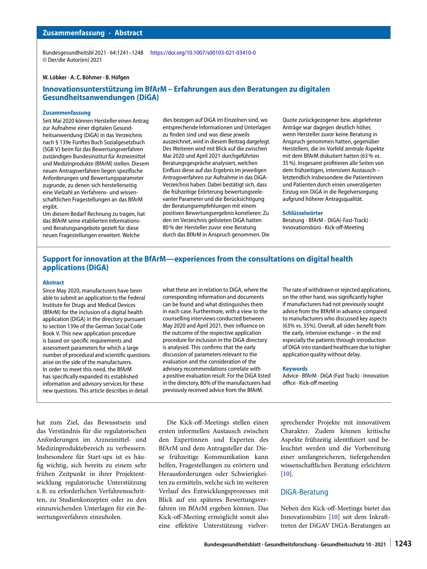 Vorschauseite 3: Innovationsunterstützung im BfArM – Erfahrungen aus den Beratungen zu digitalen Gesundheitsanwendungen (DiGA)