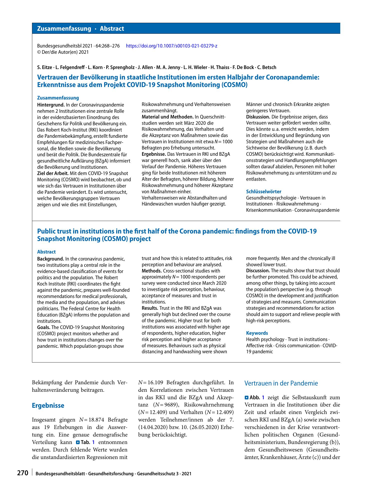 Vorschauseite 3: Vertrauen der Bevölkerung in staatliche Institutionen im ersten Halbjahr der Coronapandemie: Erkenntnisse aus dem Projekt COVID-19 Snapshot Monitoring (COSMO)