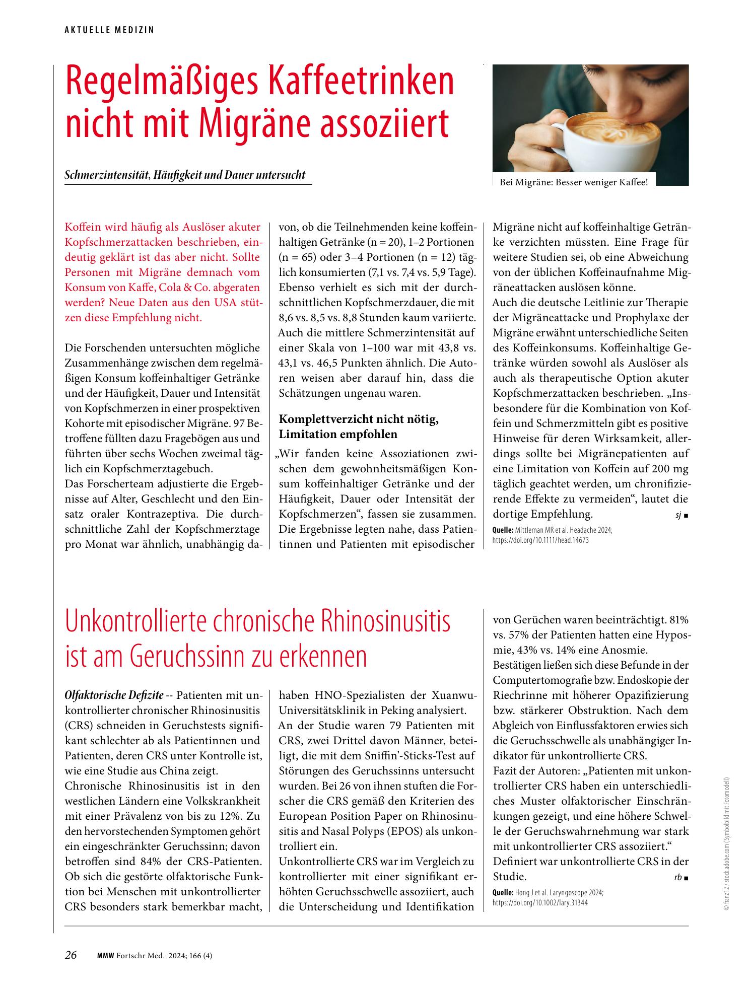 Vorschauseite 1: Regelmäßiges Kaffeetrinken nicht mit Migräne assoziiert