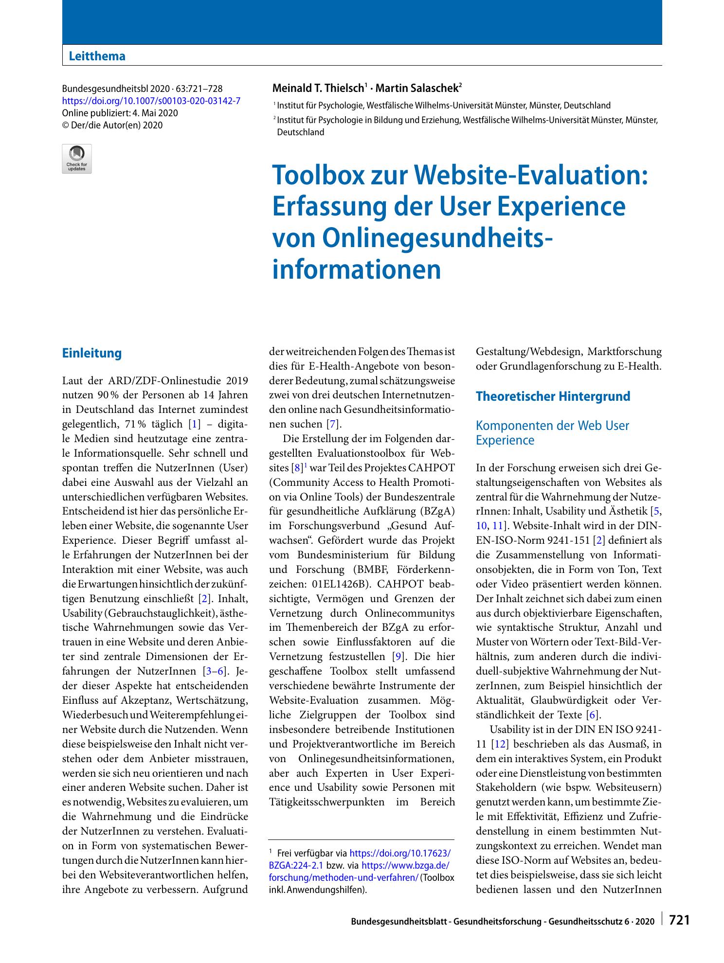 Vorschauseite 1: Toolbox zur Website-Evaluation: Erfassung der User Experience von Onlinegesundheitsinformationen