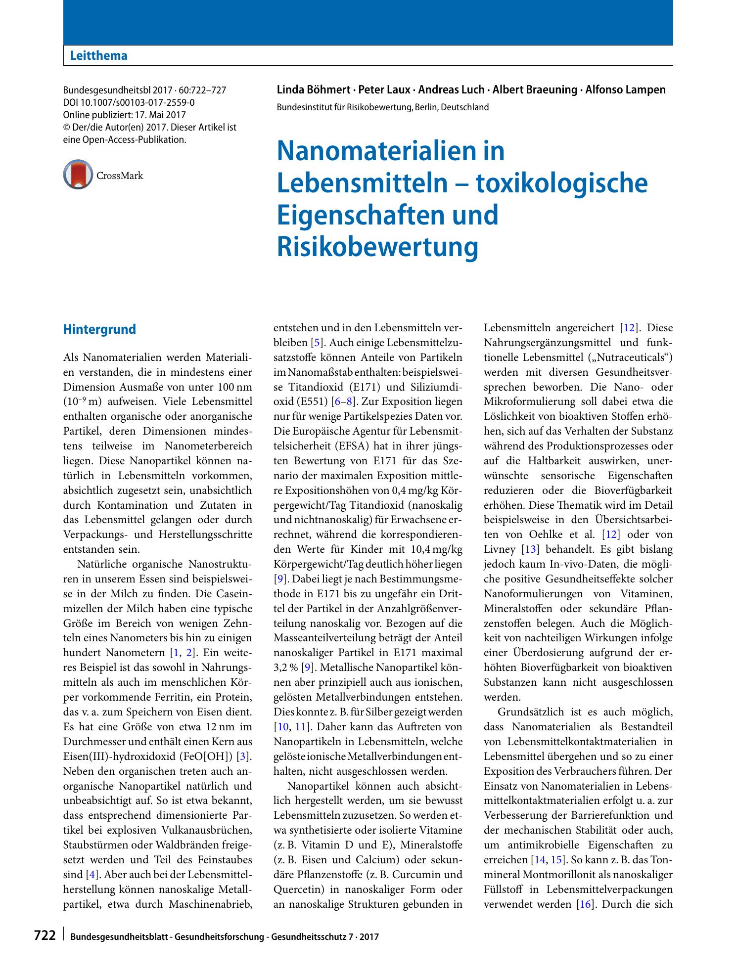 Vorschauseite 1: Nanomaterialien in Lebensmitteln – toxikologische Eigenschaften und Risikobewertung