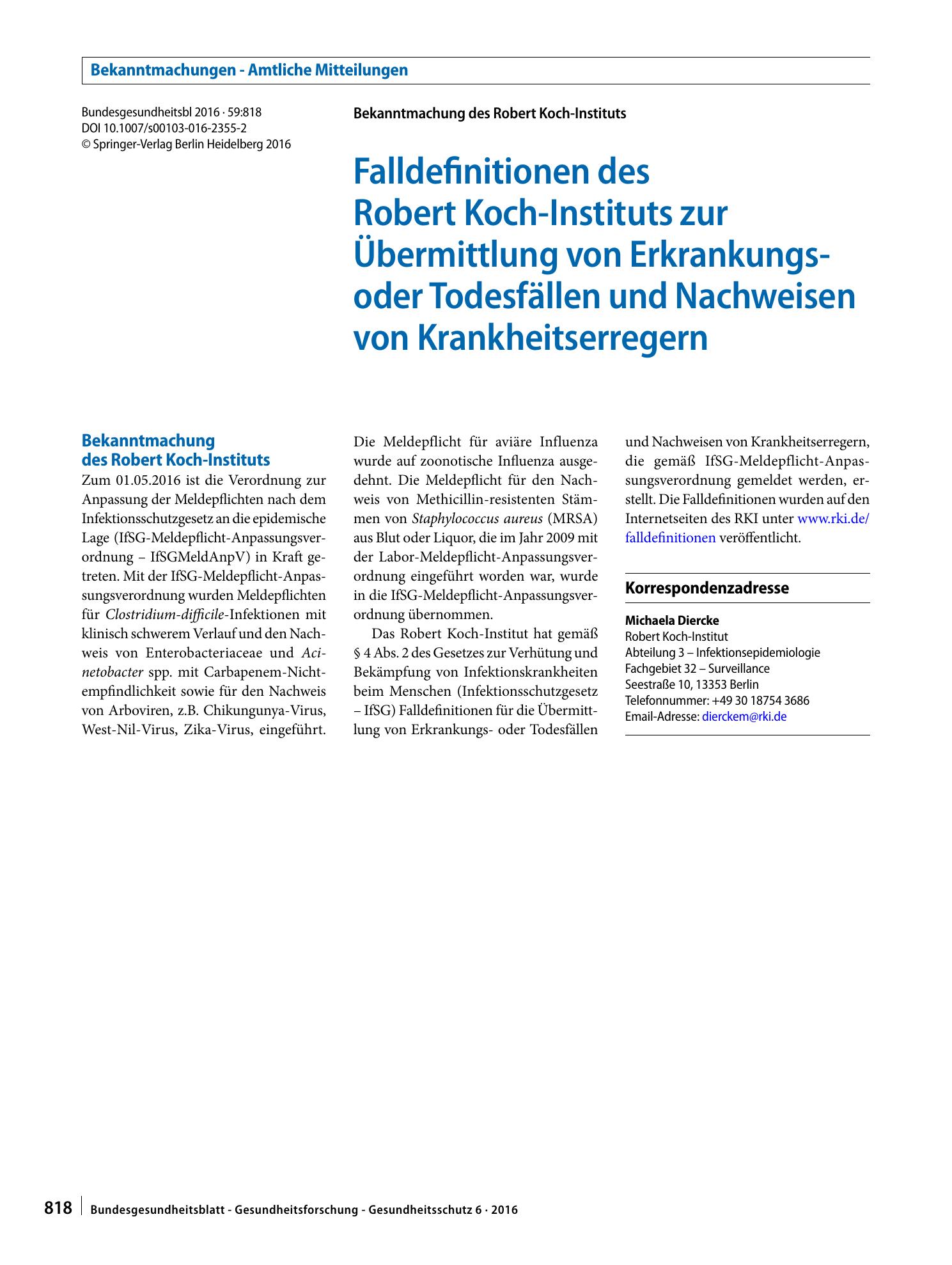 Vorschauseite 1: Falldefinitionen des Robert Koch-Instituts zur Übermittlung von Erkrankungs- oder Todesfällen und Nachweisen von Krankheitserregern