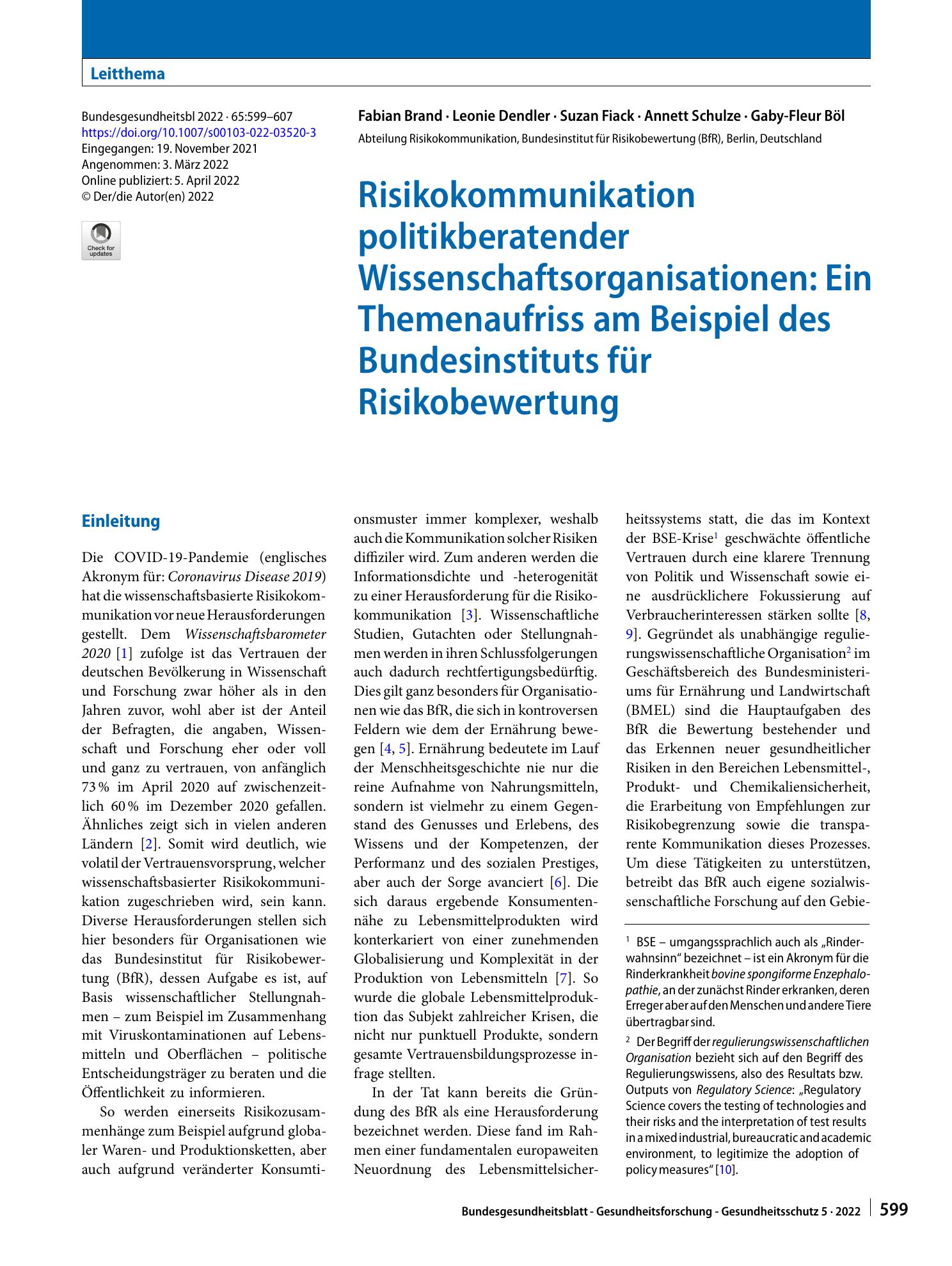 Vorschauseite 1: Risikokommunikation politikberatender Wissenschaftsorganisationen: Ein Themenaufriss am Beispiel des Bundesinstituts für Risikobewertung