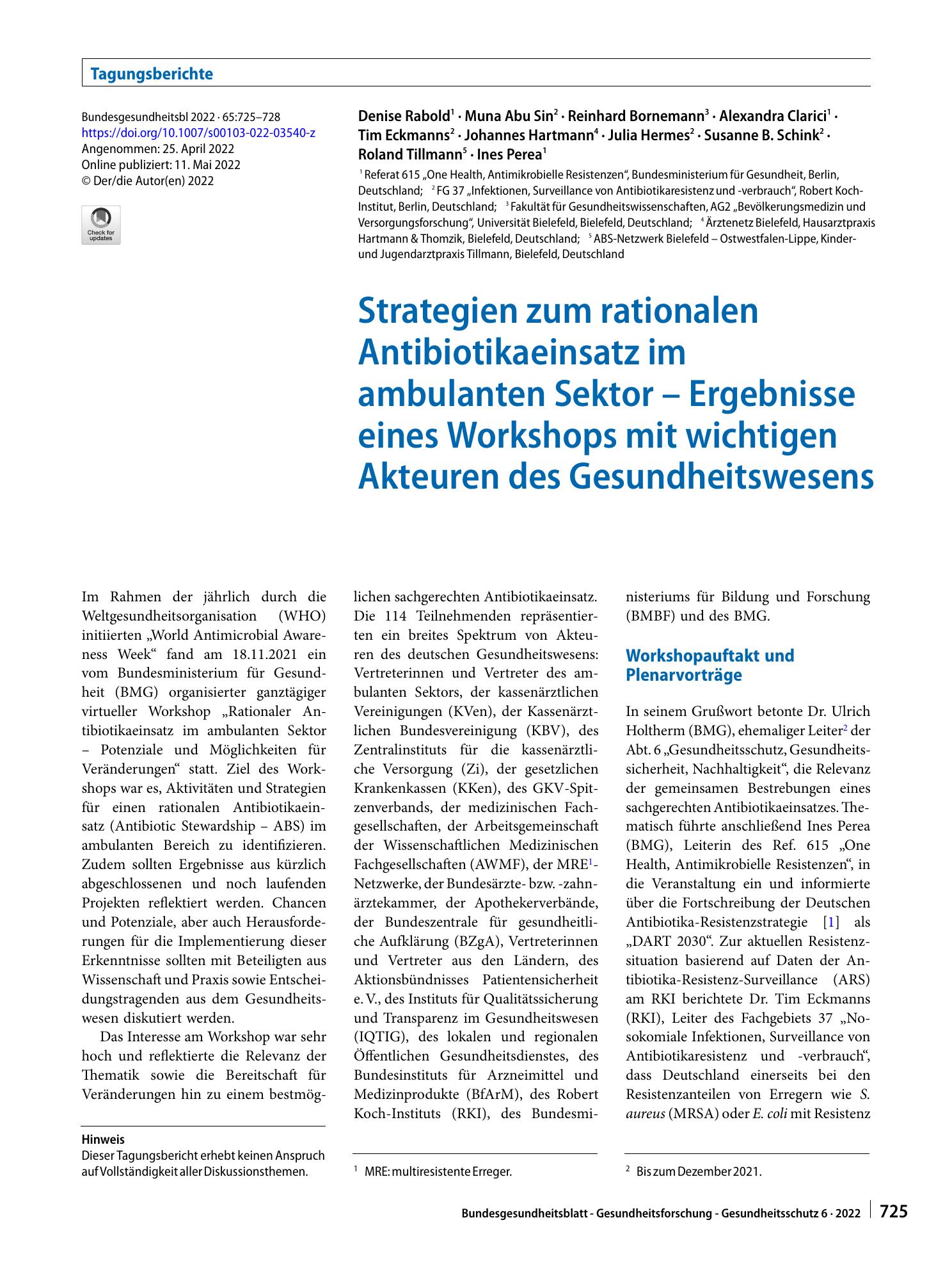 Vorschauseite 1: Strategien zum rationalen Antibiotikaeinsatz im ambulanten Sektor – Ergebnisse eines Workshops mit wichtigen Akteuren des Gesundheitswesens