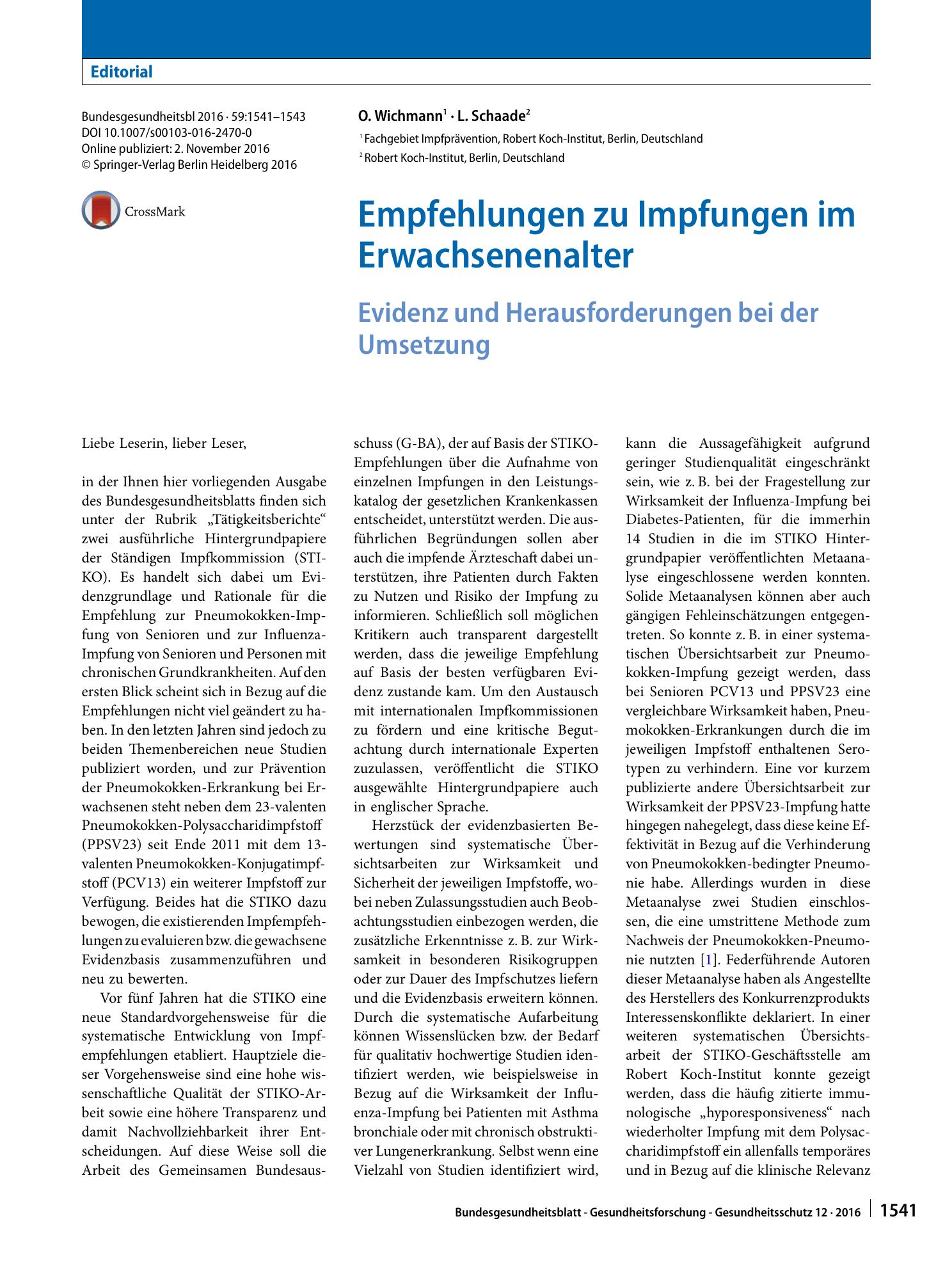 Vorschauseite 1: Empfehlungen zu Impfungen im Erwachsenenalter