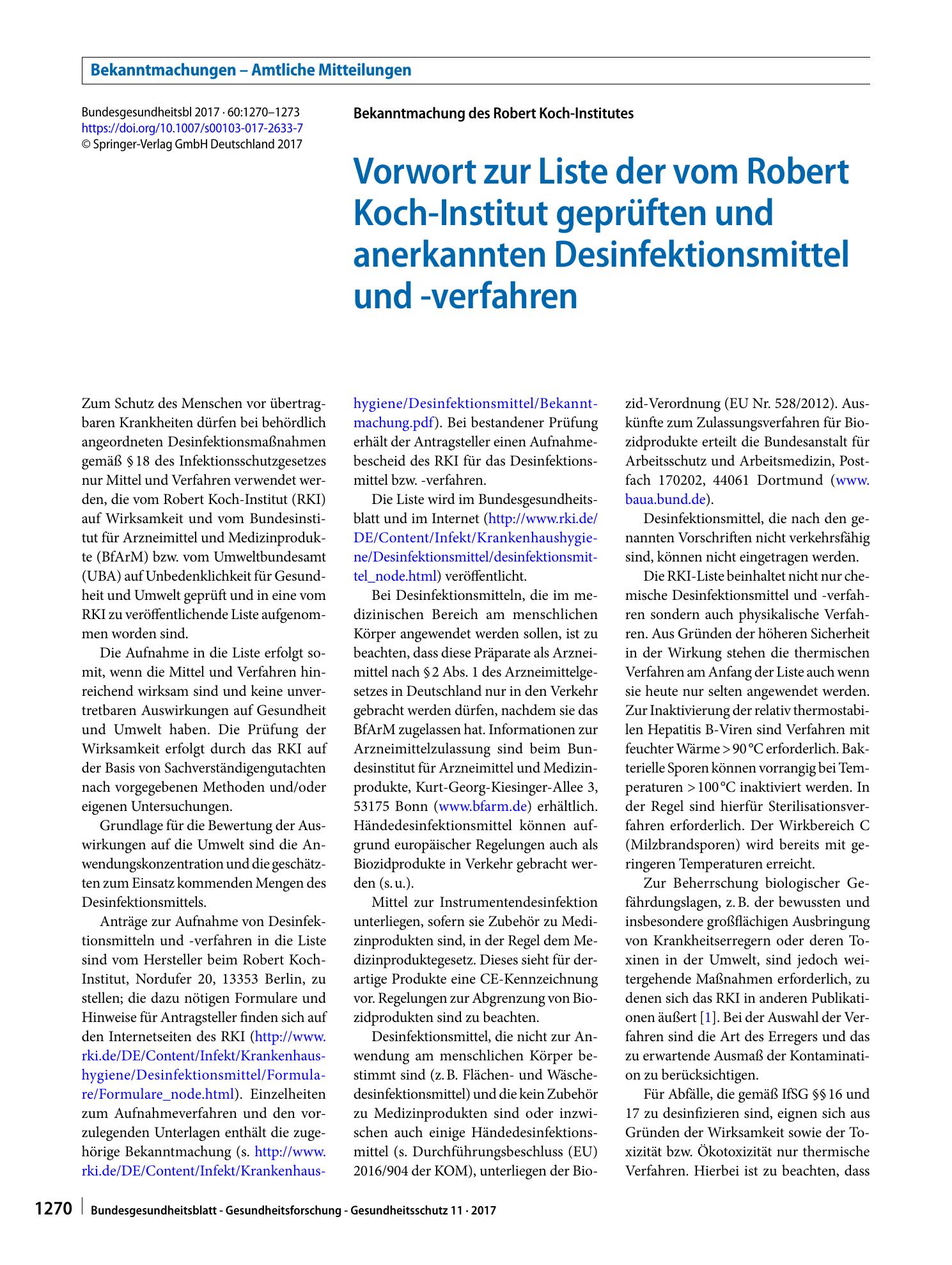 Vorschauseite 1: Vorwort zur Liste der vom Robert Koch-Institut geprüften und anerkannten Desinfektionsmittel und -verfahren