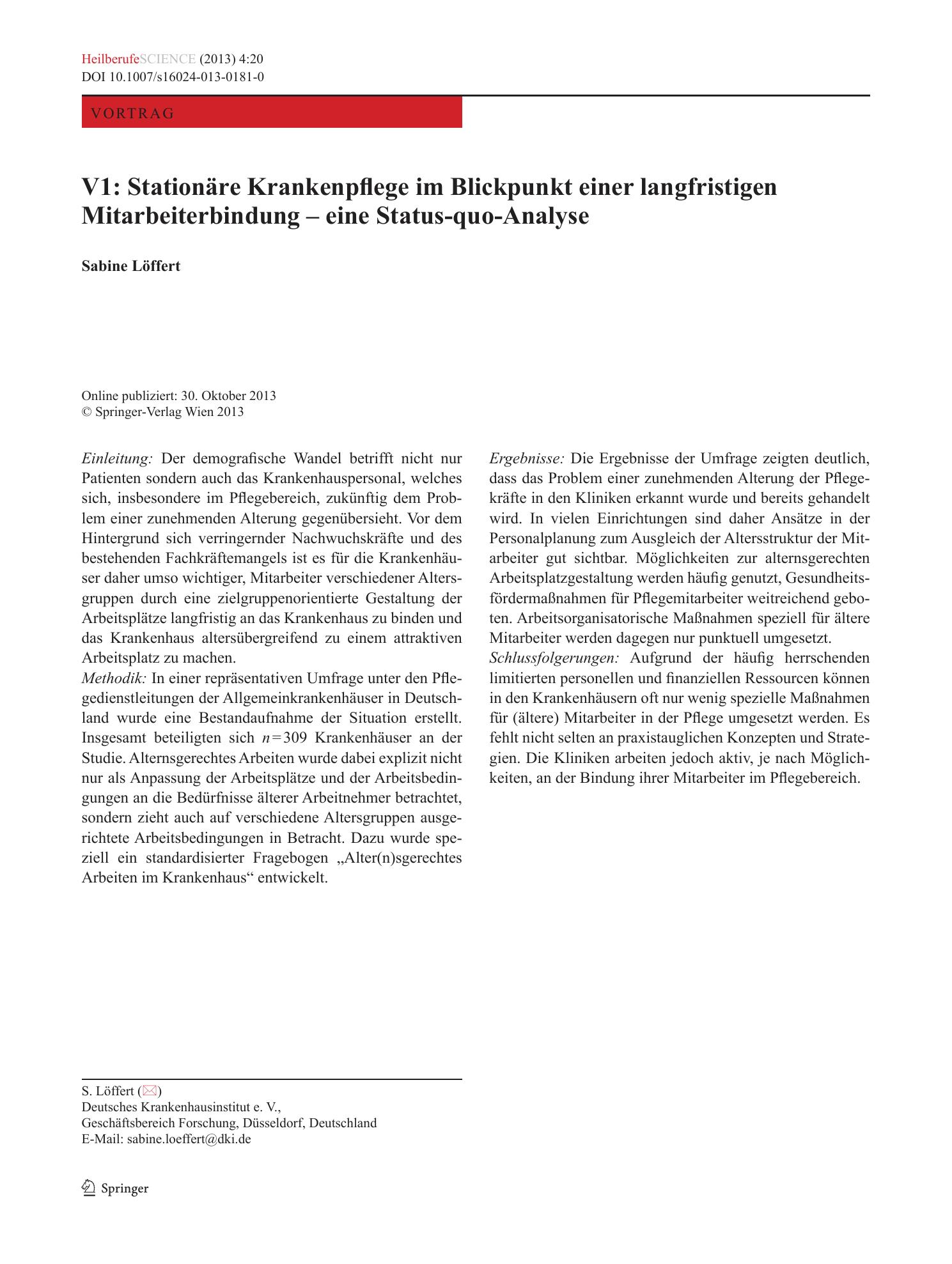 Vorschauseite 1: V1: Stationäre Krankenpflege im Blickpunkt einer langfristigen Mitarbeiterbindung – eine Status-quo-Analyse