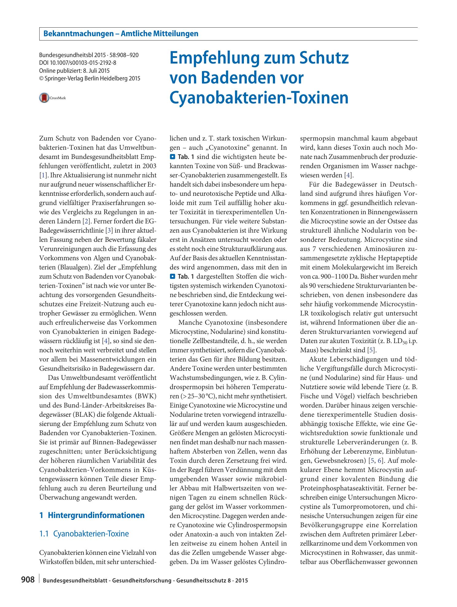 Vorschauseite 1: Empfehlung zum Schutz von Badenden vor Cyanobakterien-Toxinen