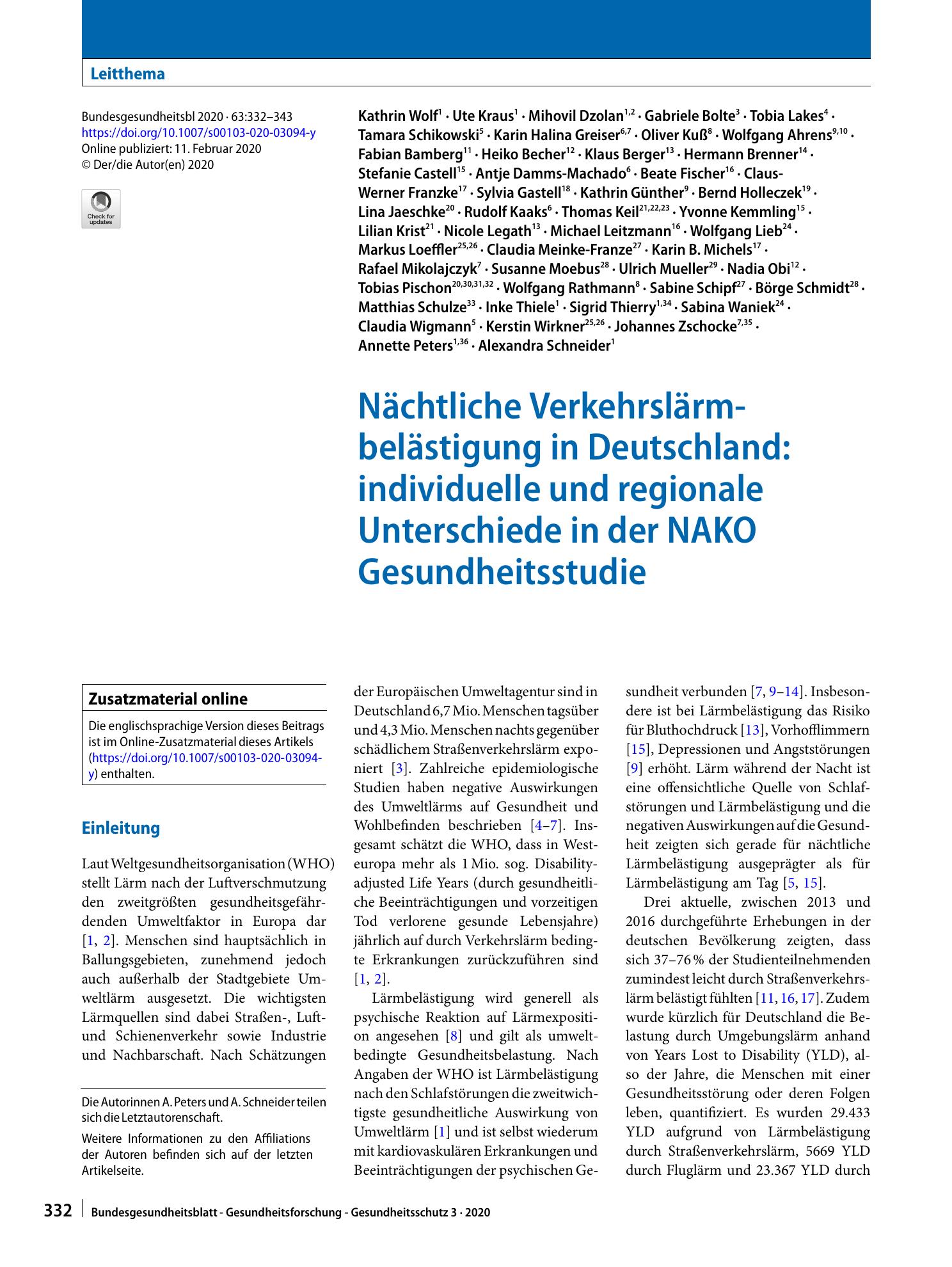 Vorschauseite 1: Nächtliche Verkehrslärmbelästigung in Deutschland: individuelle und regionale Unterschiede in der NAKO Gesundheitsstudie