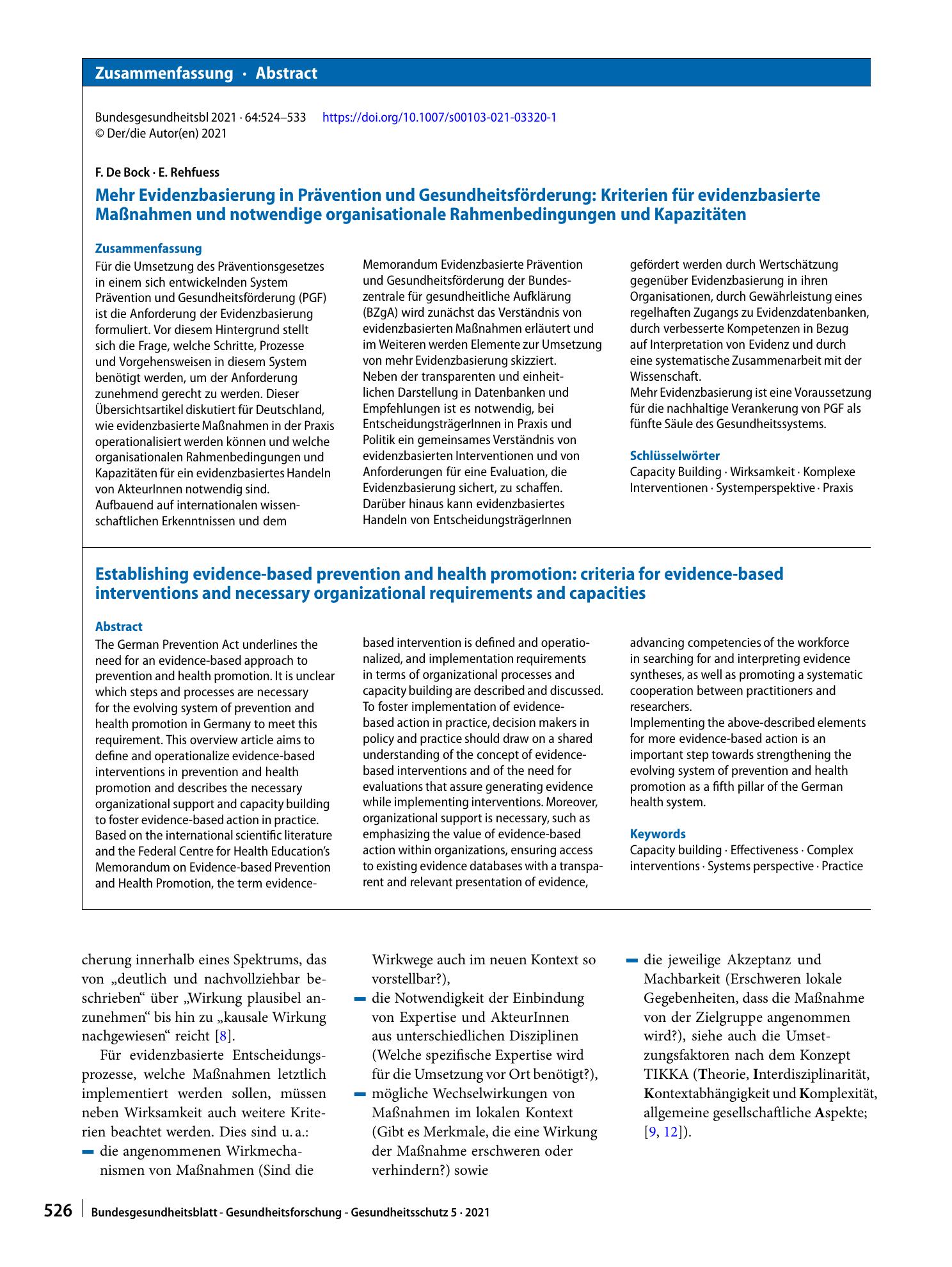Vorschauseite 3: Mehr Evidenzbasierung in Prävention und Gesundheitsförderung: Kriterien für evidenzbasierte Maßnahmen und notwendige organisationale Rahmenbedingungen und Kapazitäten