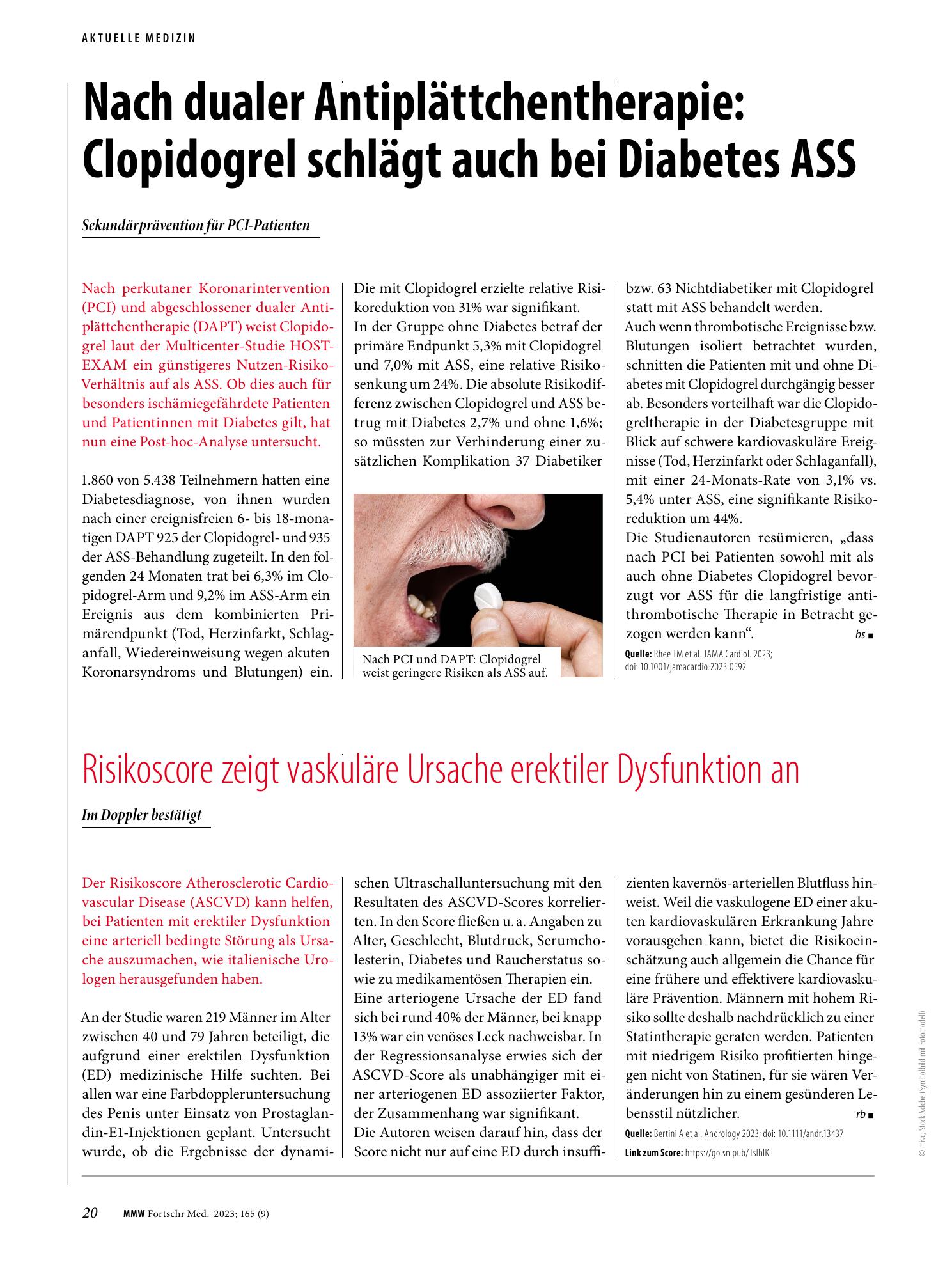 Vorschauseite 1: Nach dualer Antiplättchentherapie: Clopidogrel schlägt auch bei Diabetes ASS