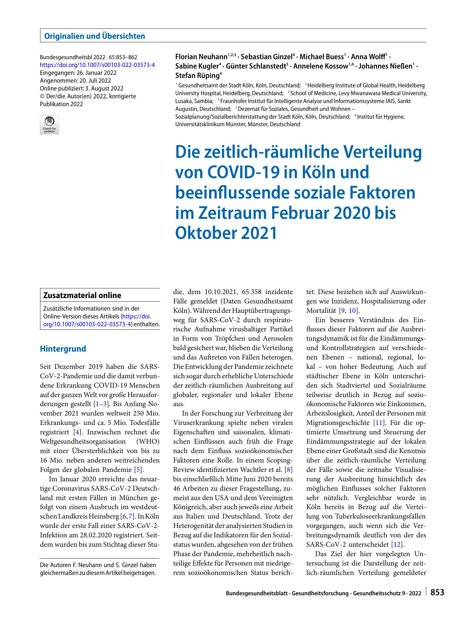 Vorschauseite 1: Die zeitlich-räumliche Verteilung von COVID-19 in Köln und beeinflussende soziale Faktoren im Zeitraum Februar 2020 bis Oktober 2021