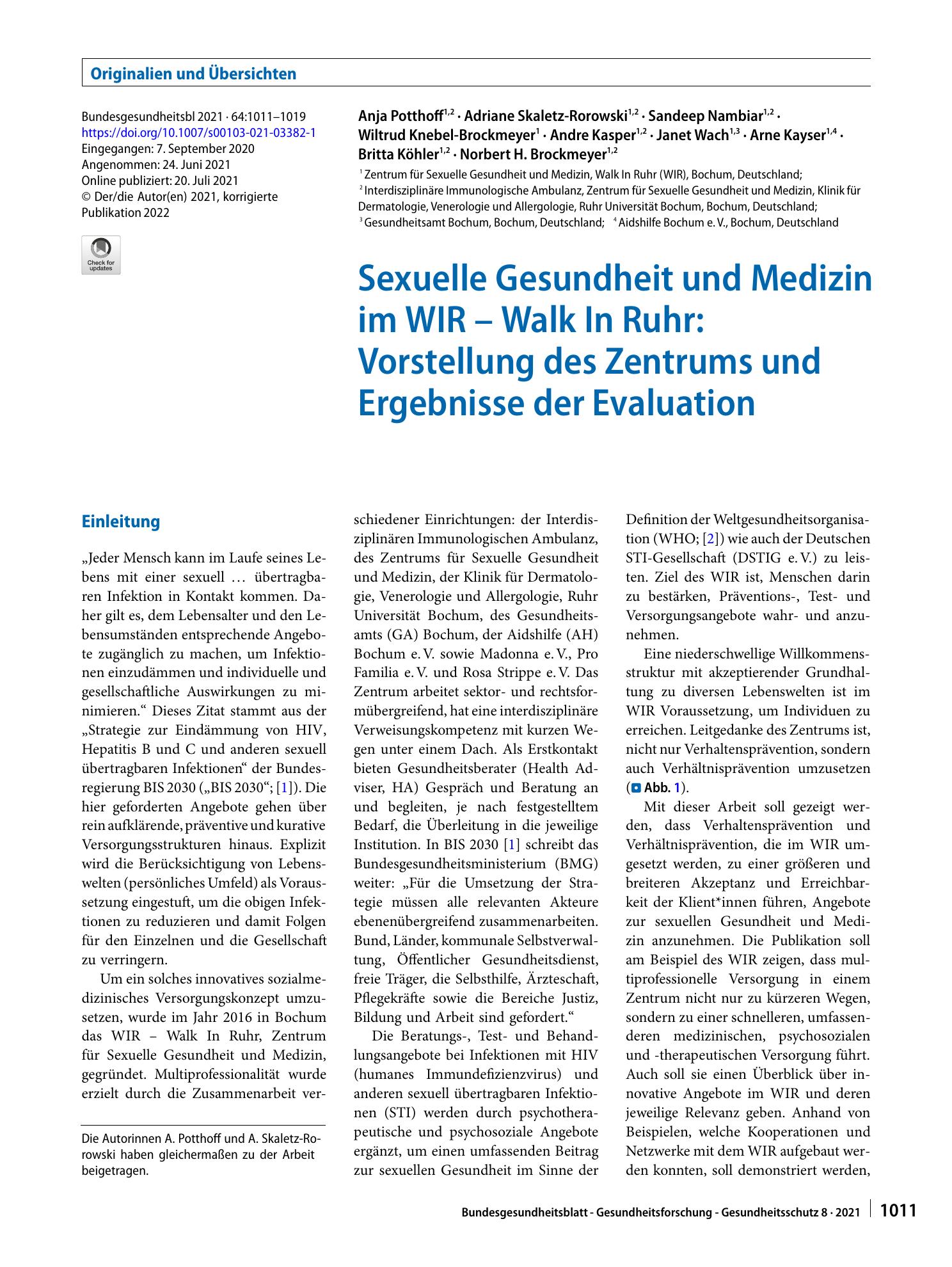 Vorschauseite 1: Sexuelle Gesundheit und Medizin im WIR – Walk In Ruhr: Vorstellung des Zentrums und Ergebnisse der Evaluation