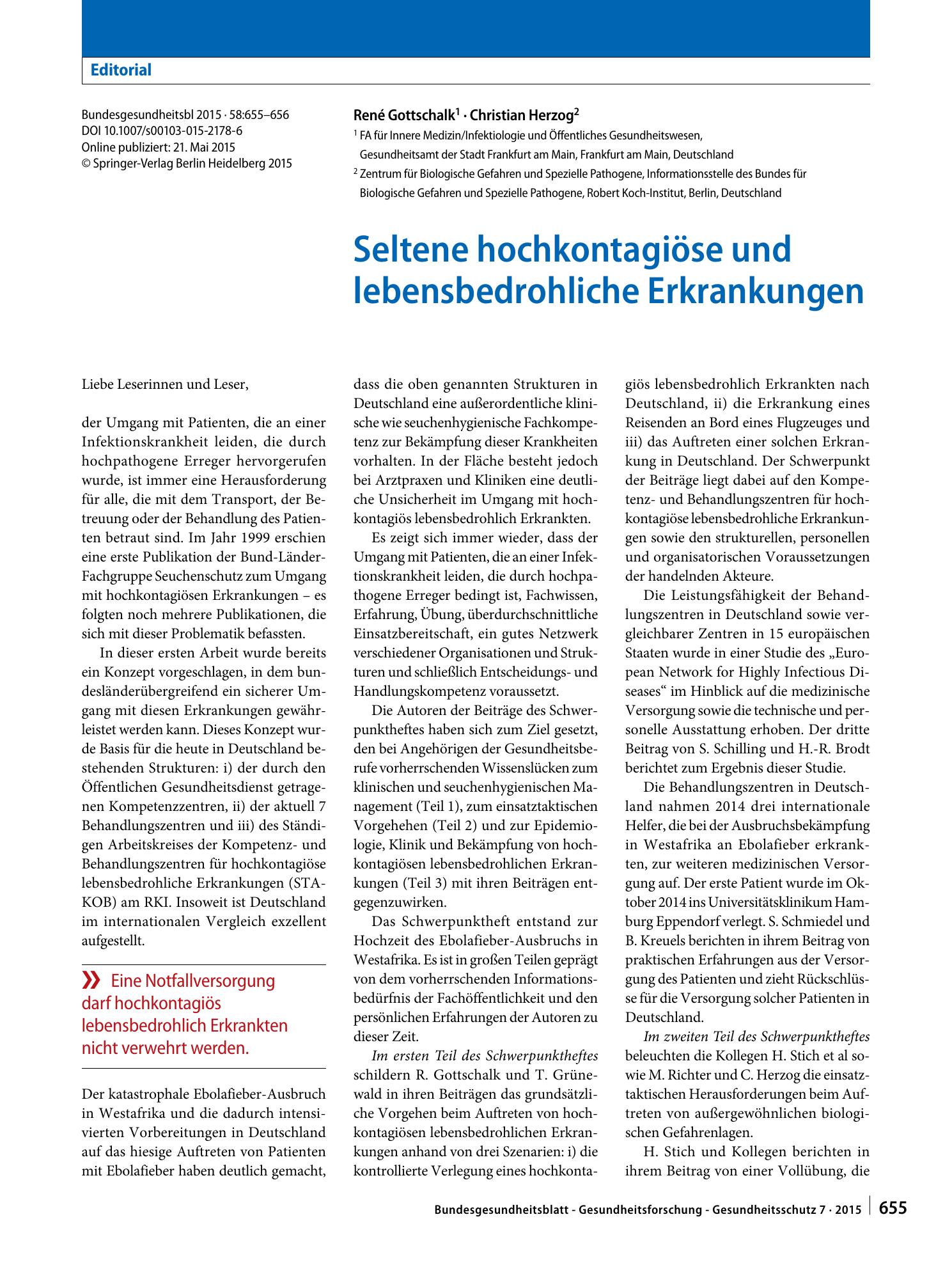 Vorschauseite 1: Seltene hochkontagiöse und lebensbedrohliche Erkrankungen