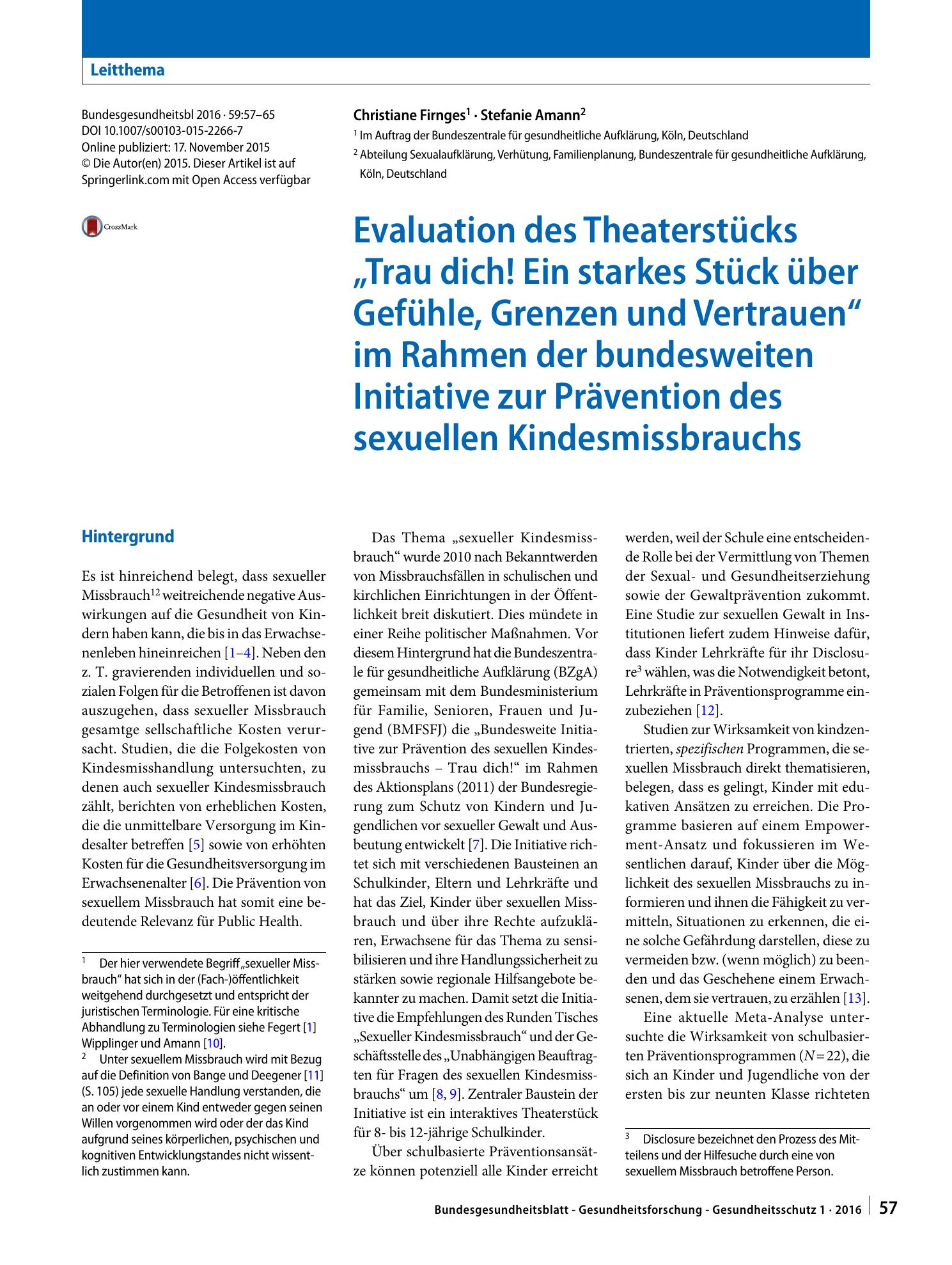 Vorschauseite 1: Evaluation des Theaterstücks „Trau dich! Ein starkes Stück über Gefühle, Grenzen und Vertrauen“ im Rahmen der bundesweiten Initiative zur Prävention des sexuellen Kindesmissbrauchs