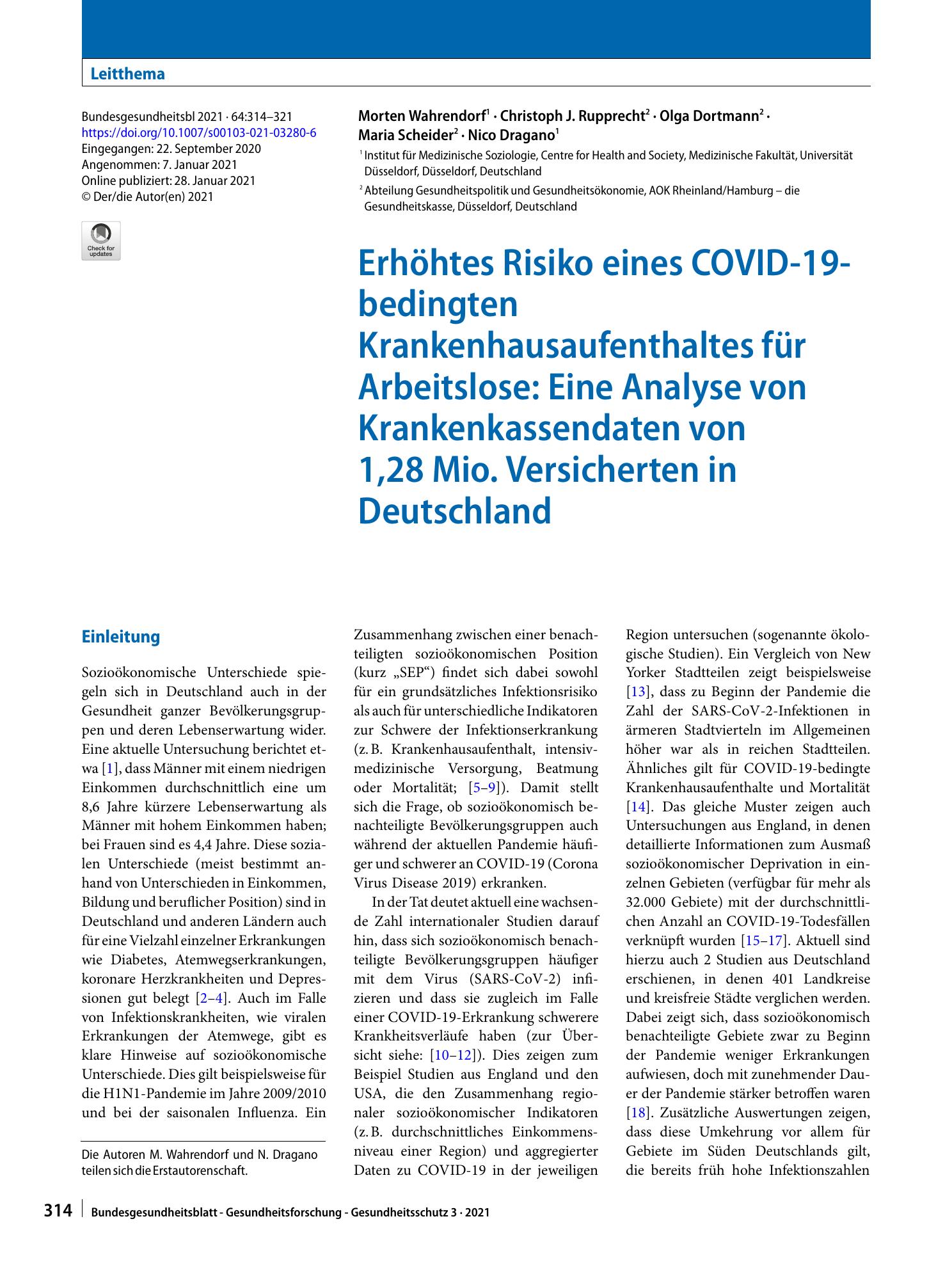 Vorschauseite 1: Erhöhtes Risiko eines COVID-19-bedingten Krankenhausaufenthaltes für Arbeitslose: Eine Analyse von Krankenkassendaten von 1,28 Mio. Versicherten in Deutschland