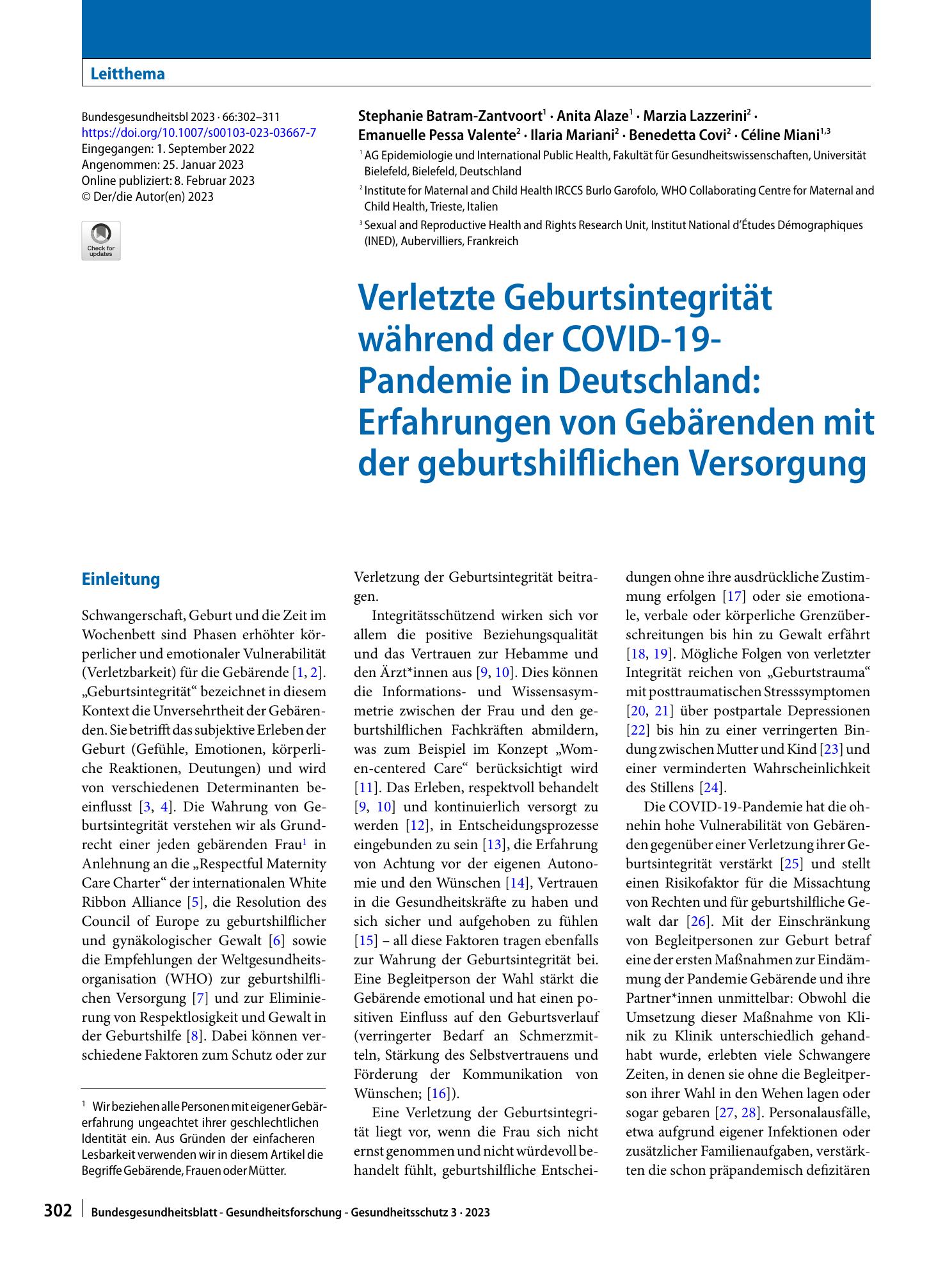 Vorschauseite 1: Verletzte Geburtsintegrität während der COVID-19-Pandemie in Deutschland: Erfahrungen von Gebärenden mit der geburtshilflichen Versorgung
