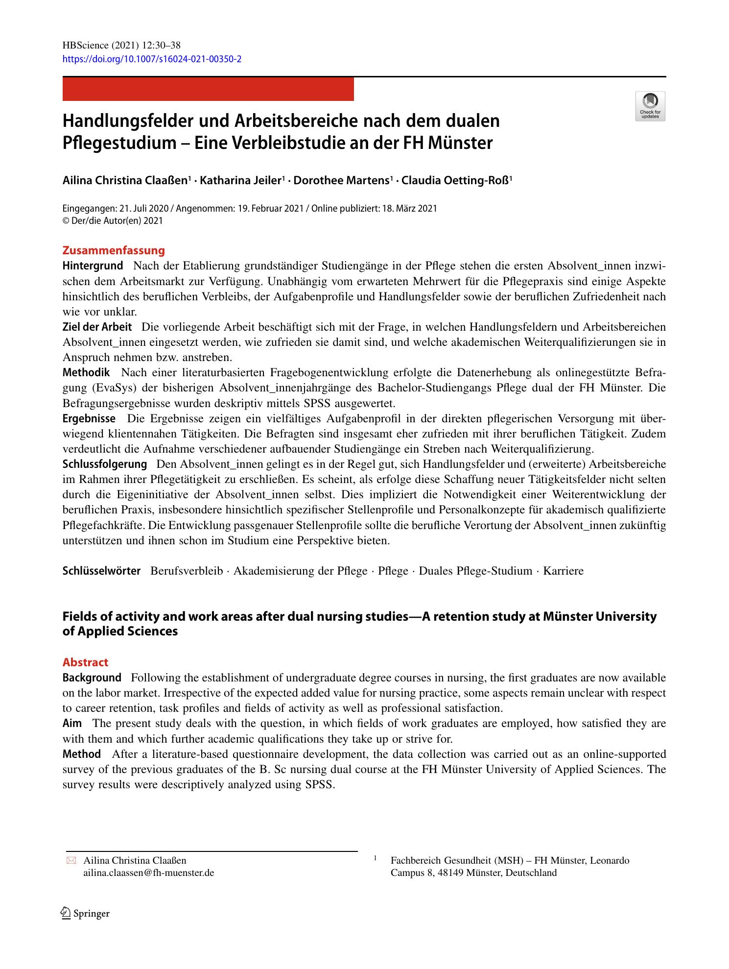 Vorschauseite 1: Handlungsfelder und Arbeitsbereiche nach dem dualen Pflegestudium – Eine Verbleibstudie an der FH Münster