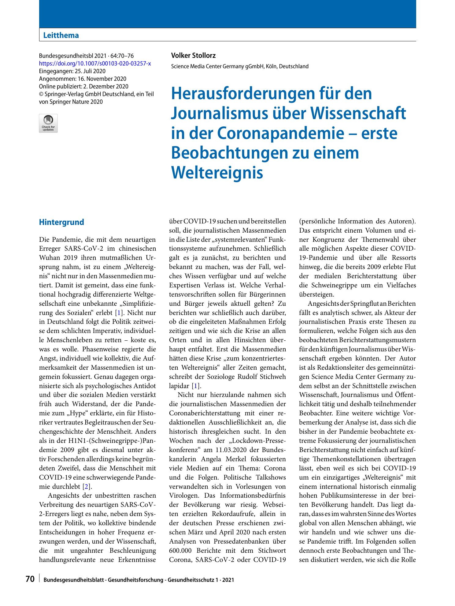 Vorschauseite 1: Herausforderungen für den Journalismus über Wissenschaft in der Coronapandemie – erste Beobachtungen zu einem Weltereignis