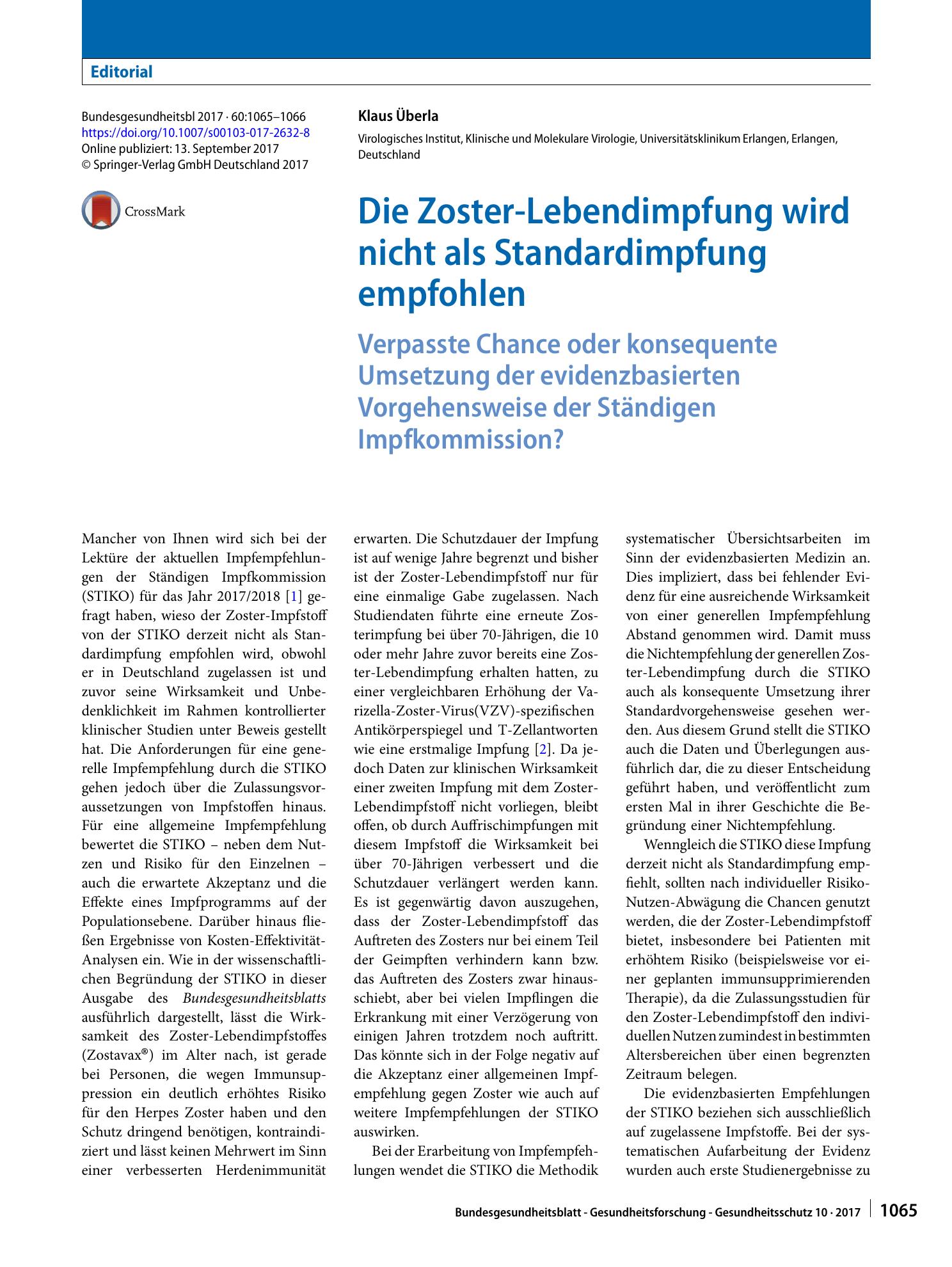 Vorschauseite 1: Die Zoster-Lebendimpfung wird nicht als Standardimpfung empfohlen