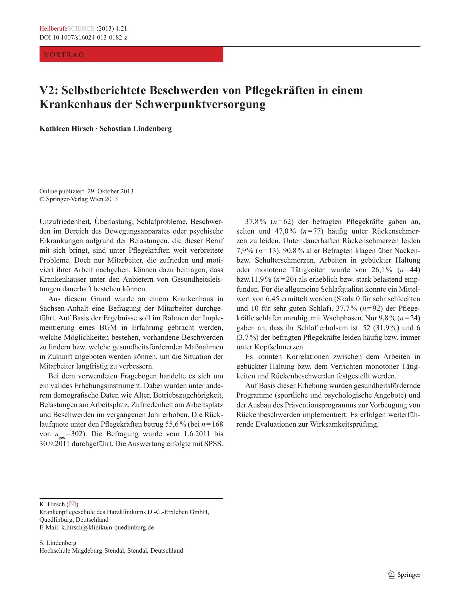Vorschauseite 1: V2: Selbstberichtete Beschwerden von Pflegekräften in einem Krankenhaus der Schwerpunktversorgung