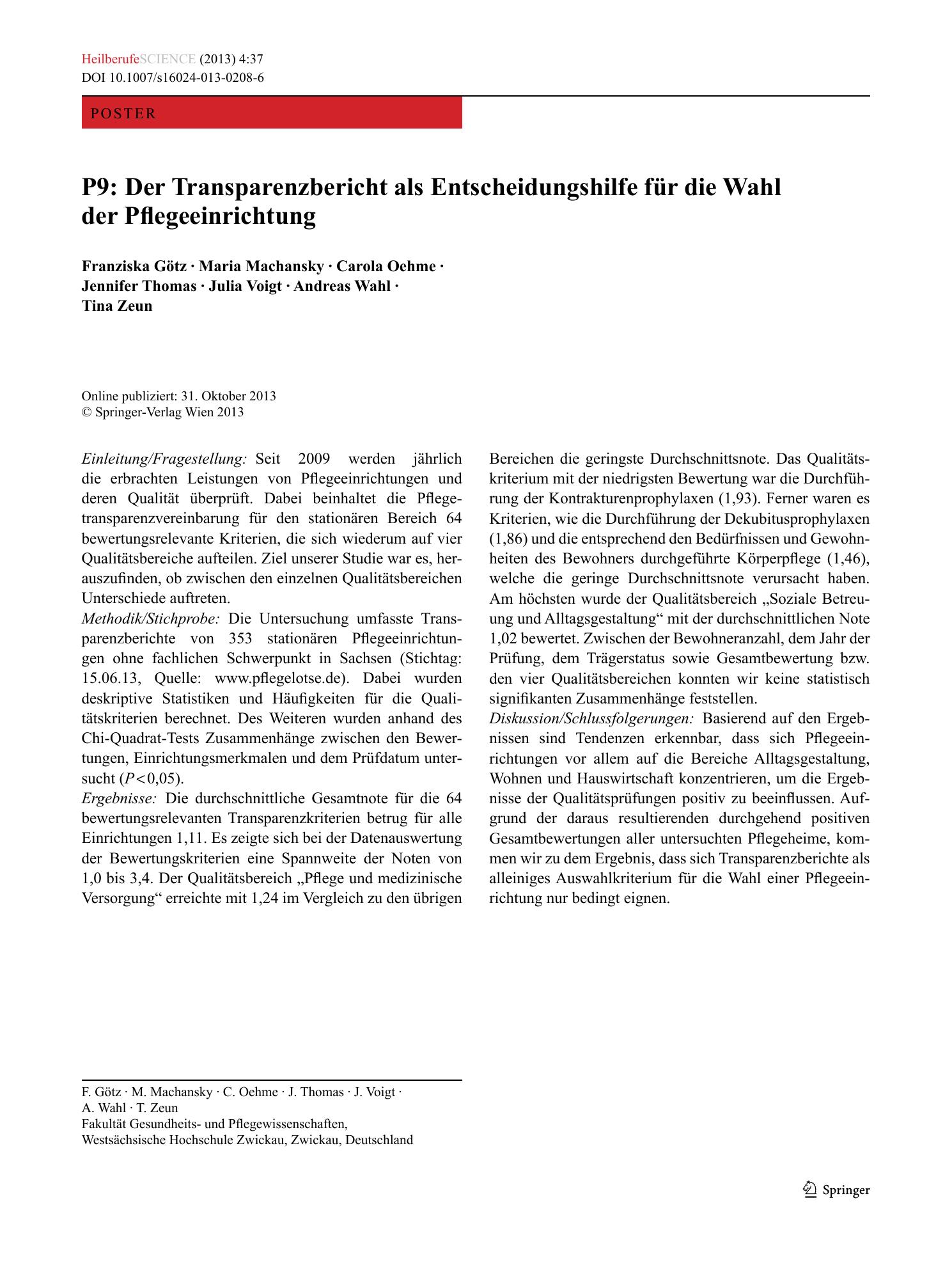 Vorschauseite 1: P9: Der Transparenzbericht als Entscheidungshilfe für die Wahl der Pflegeeinrichtung