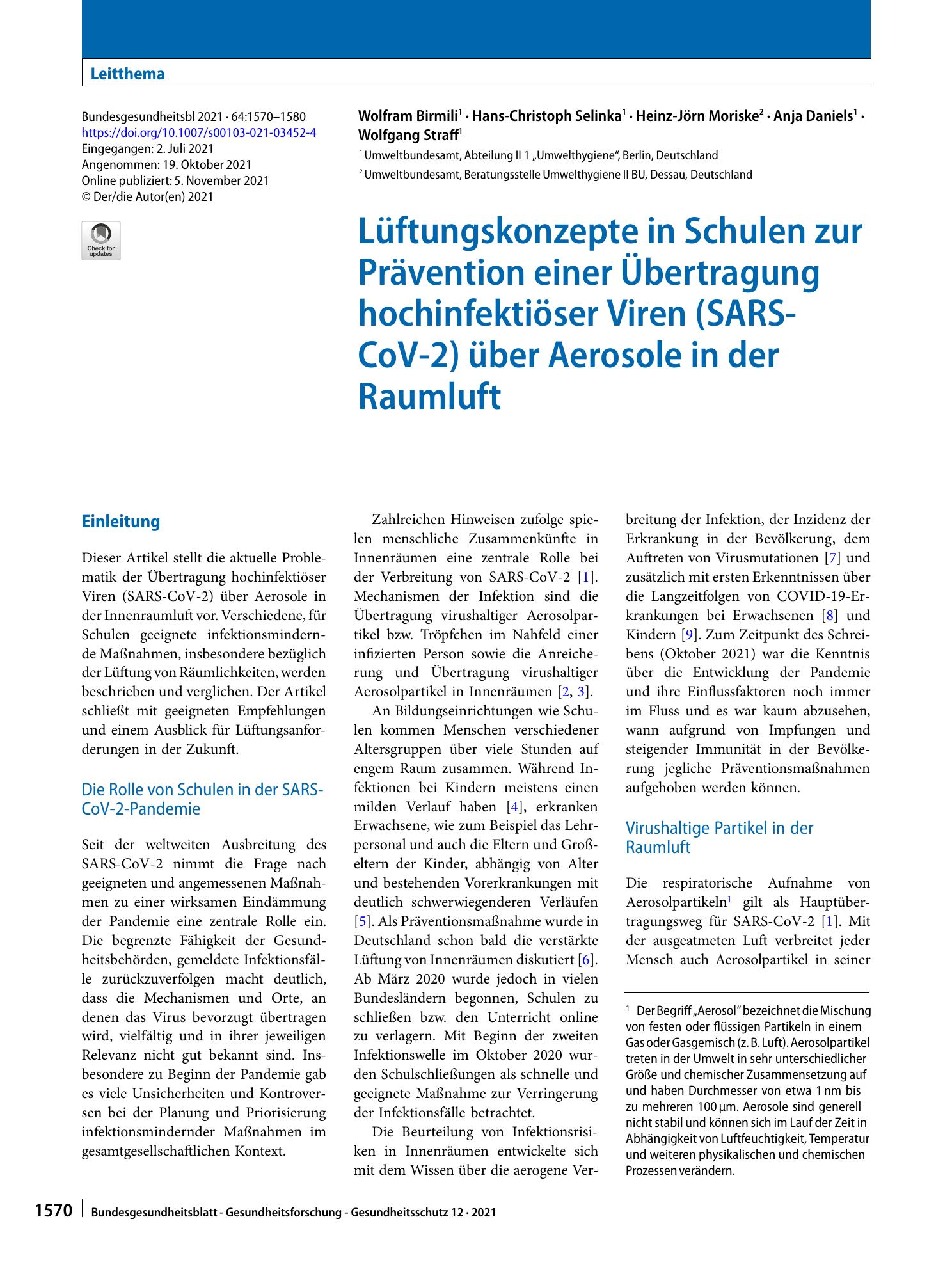 Vorschauseite 1: Lüftungskonzepte in Schulen zur Prävention einer Übertragung hochinfektiöser Viren (SARS-CoV‑2) über Aerosole in der Raumluft