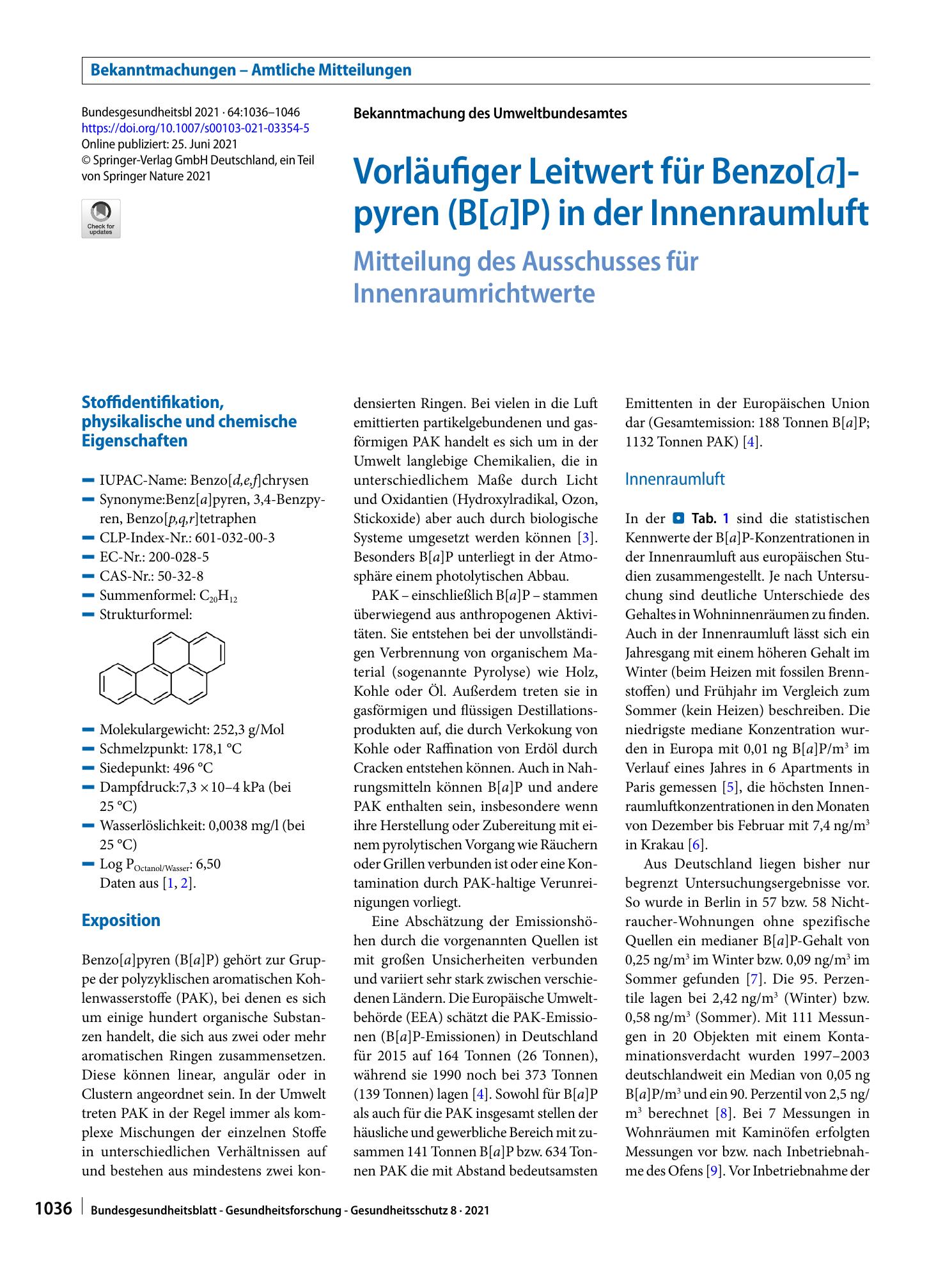 Vorschauseite 1: Vorläufiger Leitwert für Benzo[a]pyren (B[a]P) in der Innenraumluft