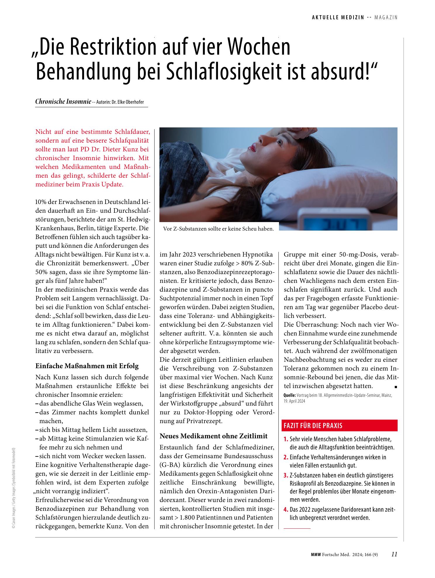 Vorschauseite 1: „Die Restriktion auf vier Wochen Behandlung bei Schlaflosigkeit ist absurd!“