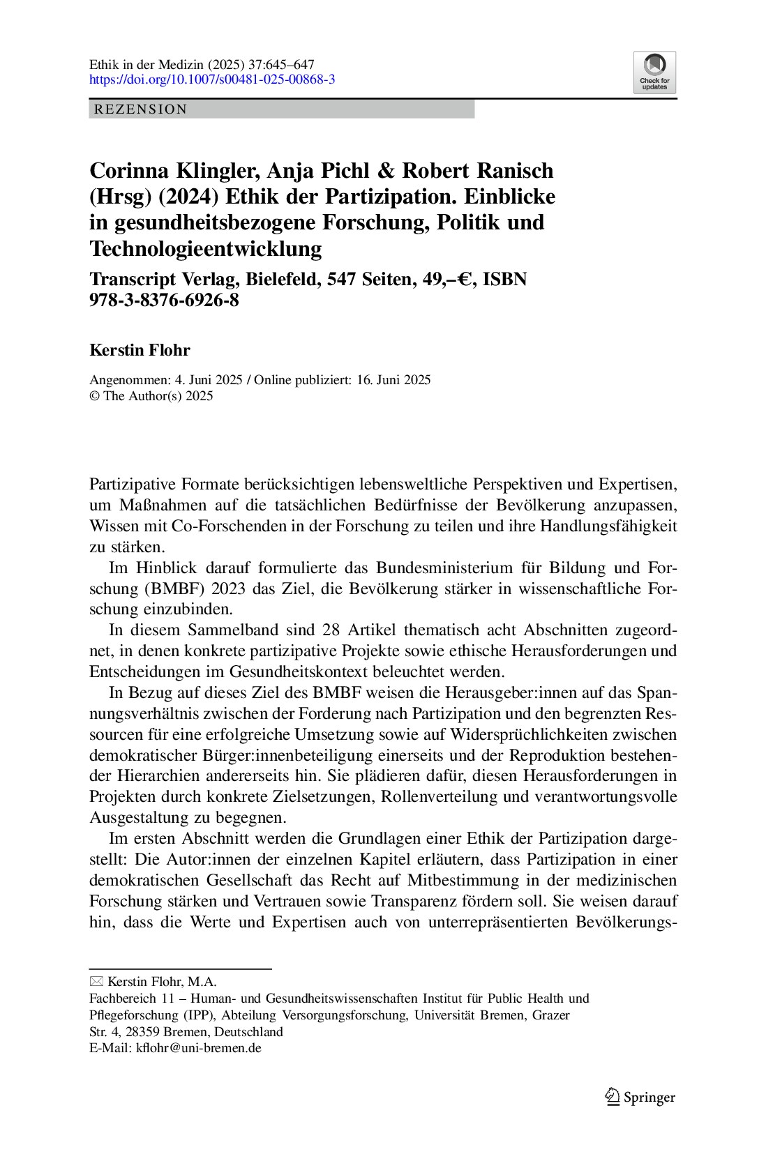 Vorschauseite 1: Corinna Klingler, Anja Pichl & Robert Ranisch (Hrsg) (2024) Ethik der Partizipation. Einblicke in gesundheitsbezogene Forschung, Politik und Technologieentwicklung
