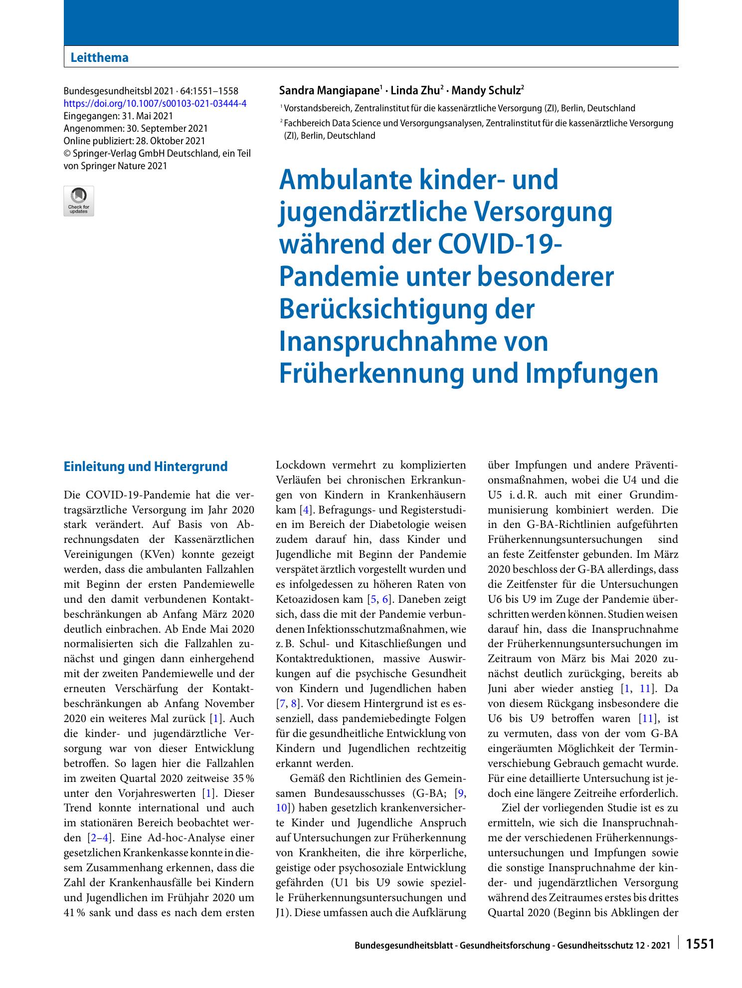Vorschauseite 1: Ambulante kinder- und jugendärztliche Versorgung während der COVID-19-Pandemie unter besonderer Berücksichtigung der Inanspruchnahme von Früherkennung und Impfungen