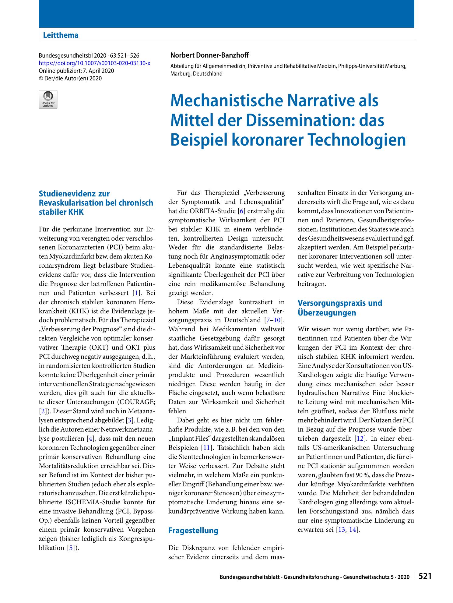 Vorschauseite 1: Mechanistische Narrative als Mittel der Dissemination: das Beispiel koronarer Technologien