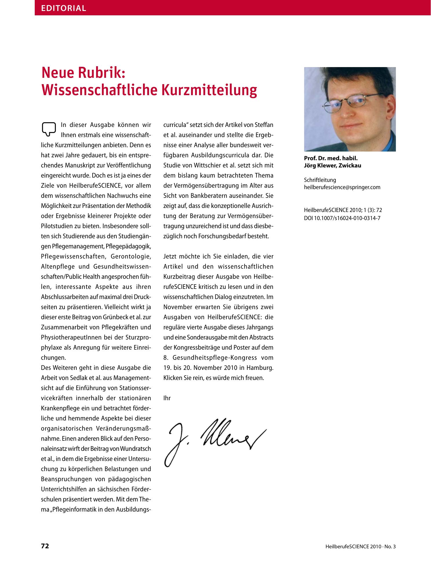 Vorschauseite 1: Neue Rubrik: Wissenschaftliche Kurzmitteilung