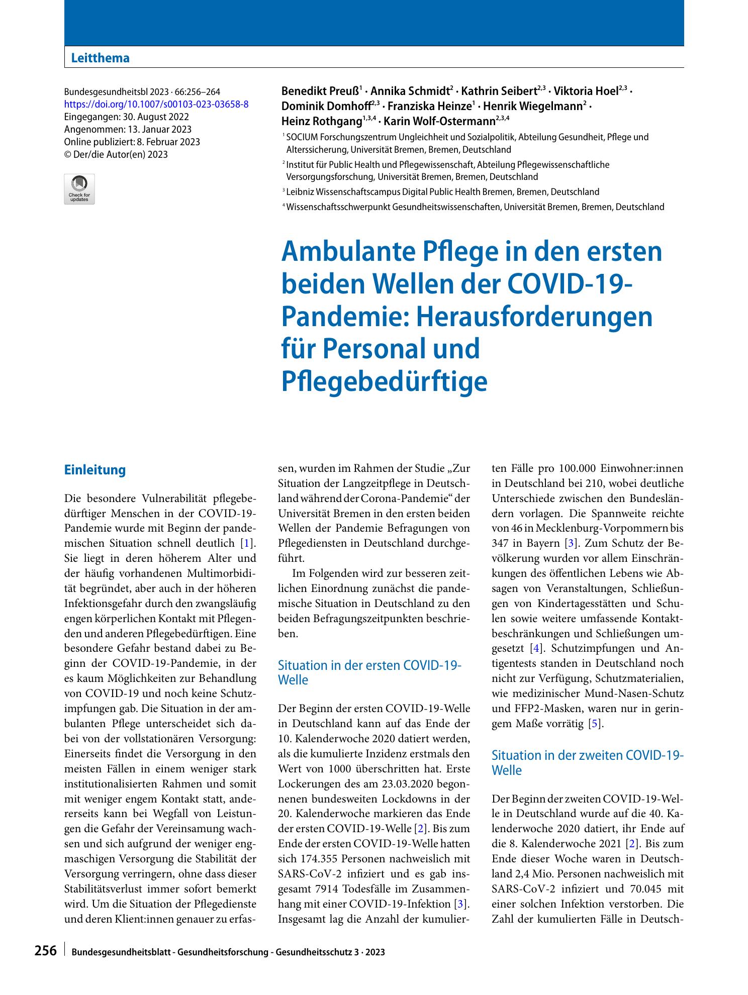 Vorschauseite 1: Ambulante Pflege in den ersten beiden Wellen der COVID-19-Pandemie: Herausforderungen für Personal und Pflegebedürftige