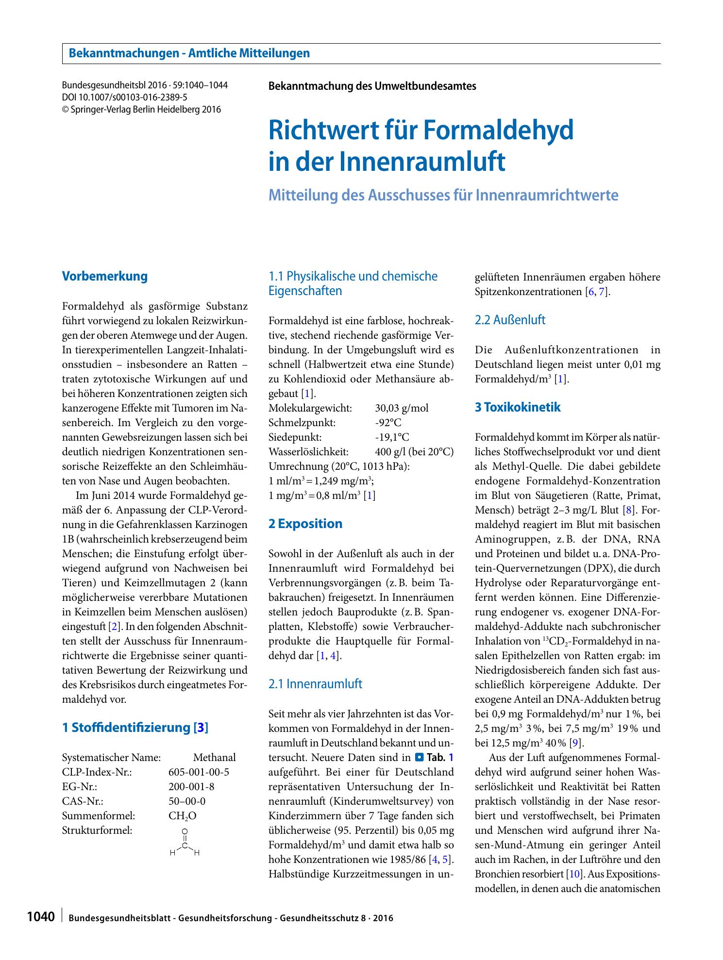 Vorschauseite 1: Richtwert für Formaldehyd in der Innenraumluft