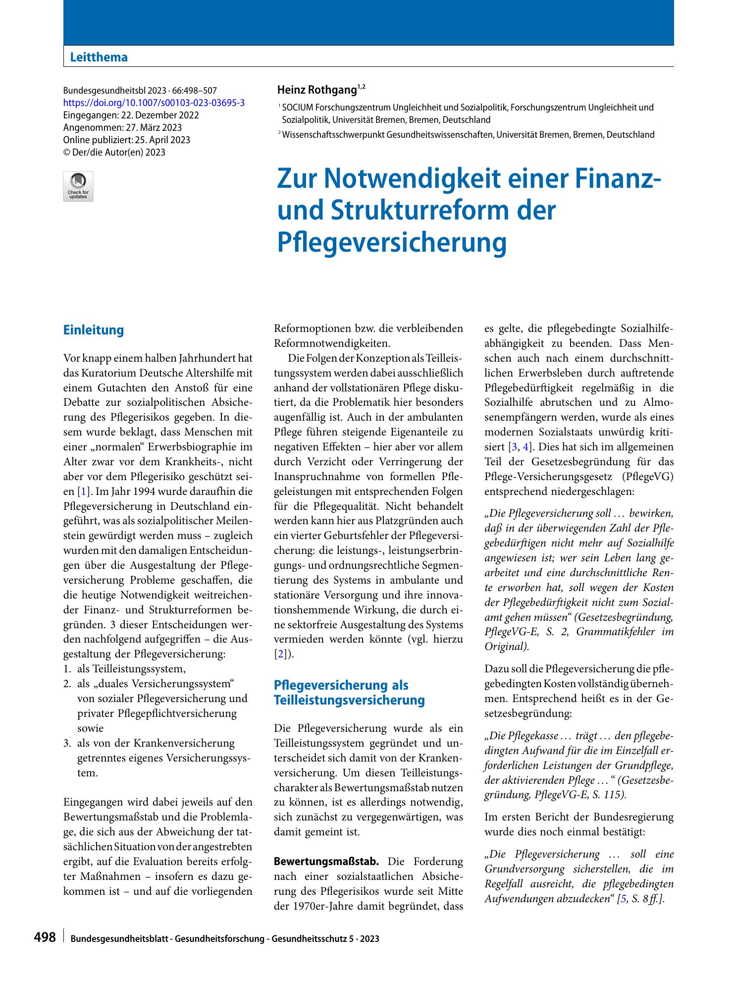 Vorschauseite 1: Zur Notwendigkeit einer Finanz- und Strukturreform der Pflegeversicherung