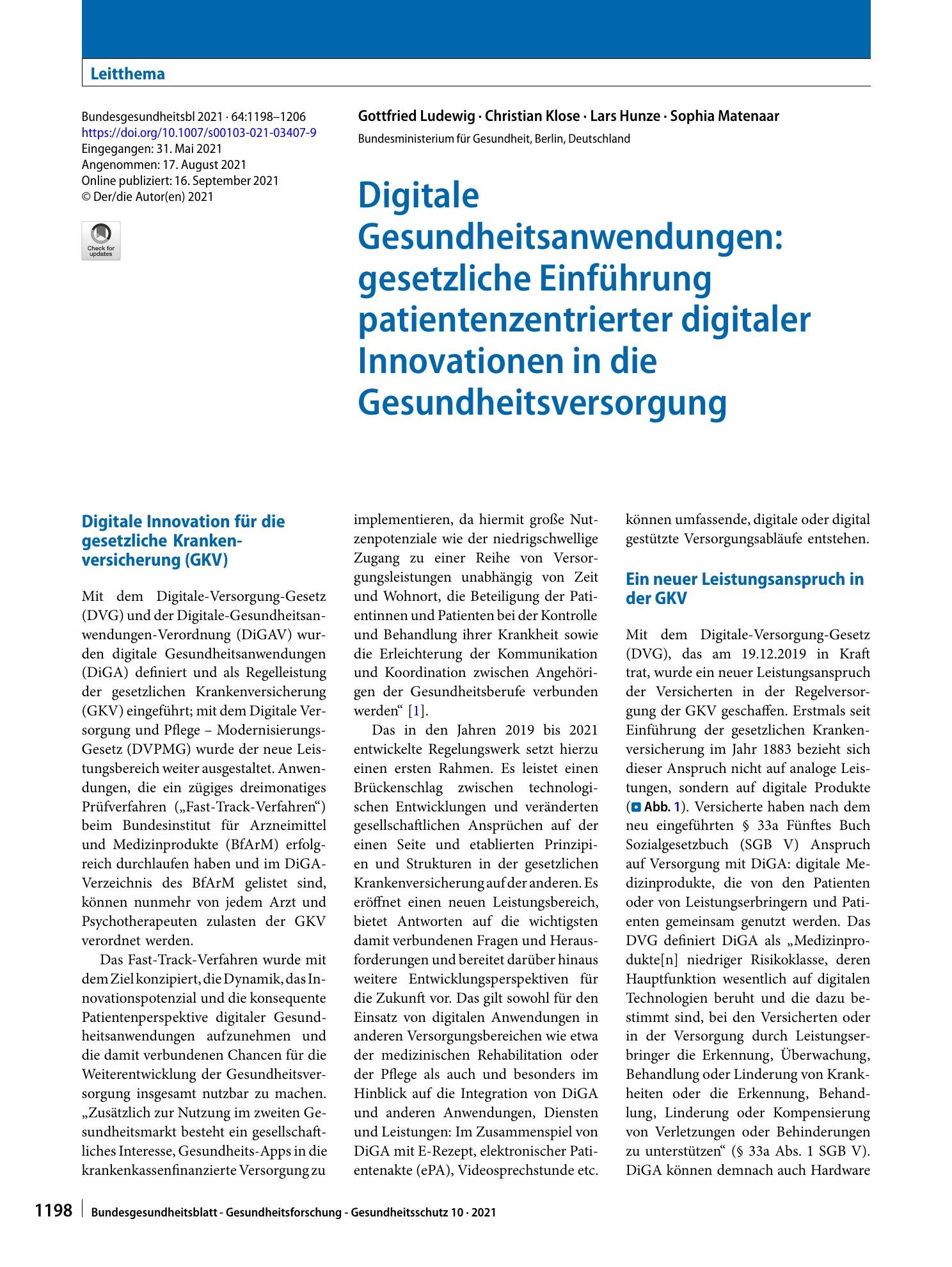Vorschauseite 1: Digitale Gesundheitsanwendungen: gesetzliche Einführung patientenzentrierter digitaler Innovationen in die Gesundheitsversorgung