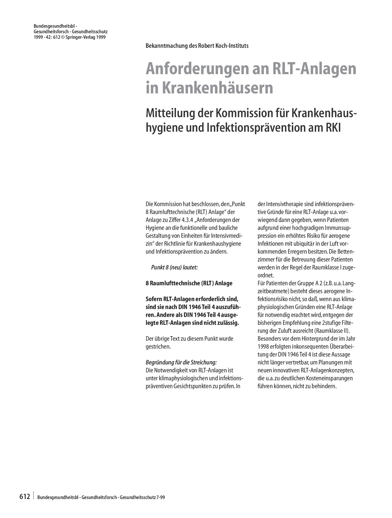 Vorschauseite 1: Anforderungen an RLT-Anlagen in Krankenhäusern Mitteilung der Kommission für Krankenhaushygiene und Infektionsprävention am RKI