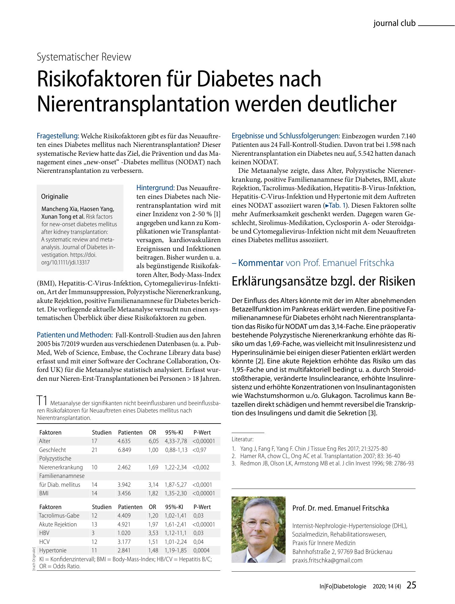 Vorschauseite 1: Risikofaktoren für Diabetes nach Nierentransplantation werden deutlicher