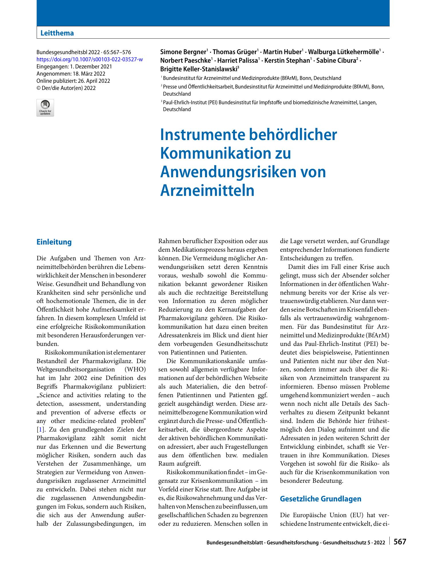 Vorschauseite 1: Instrumente behördlicher Kommunikation zu Anwendungsrisiken von Arzneimitteln