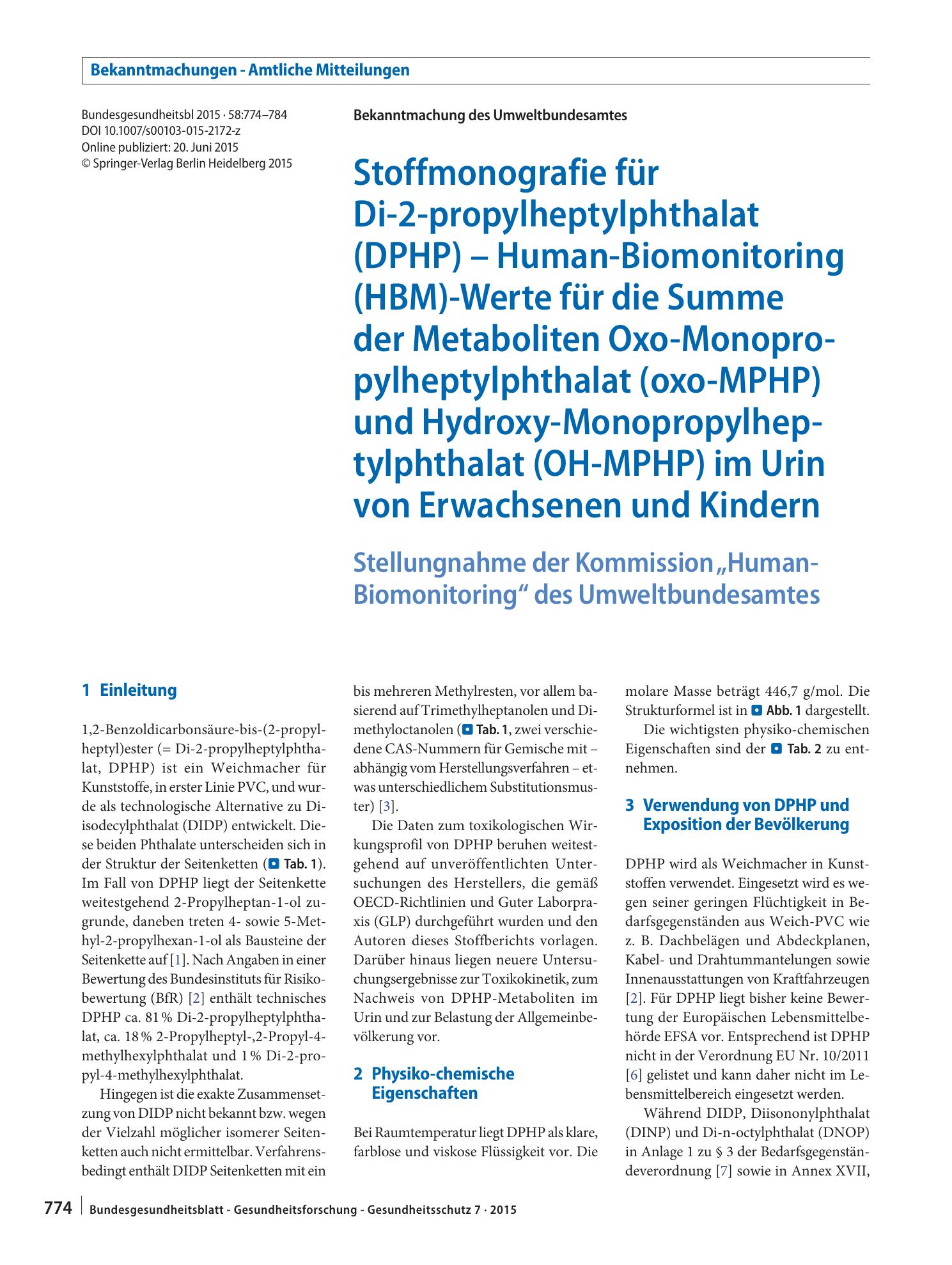 Vorschauseite 1: Stoffmonografie für Di-2-propylheptylphthalat (DPHP) – Human-Biomonitoring (HBM)-Werte für die Summe der Metaboliten Oxo-Monopropylheptylphthalat (oxo-MPHP) und Hydroxy-Monopropyl…