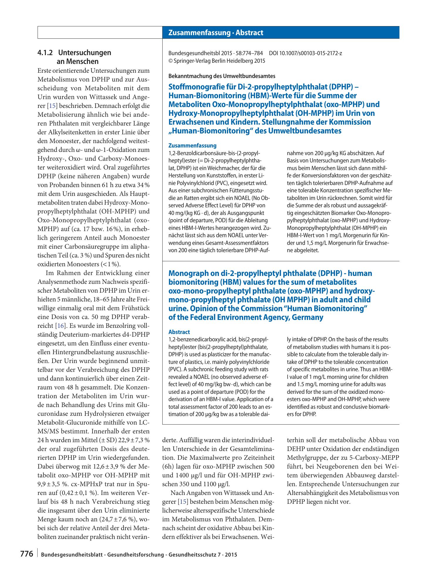 Vorschauseite 3: Stoffmonografie für Di-2-propylheptylphthalat (DPHP) – Human-Biomonitoring (HBM)-Werte für die Summe der Metaboliten Oxo-Monopropylheptylphthalat (oxo-MPHP) und Hydroxy-Monopropyl…