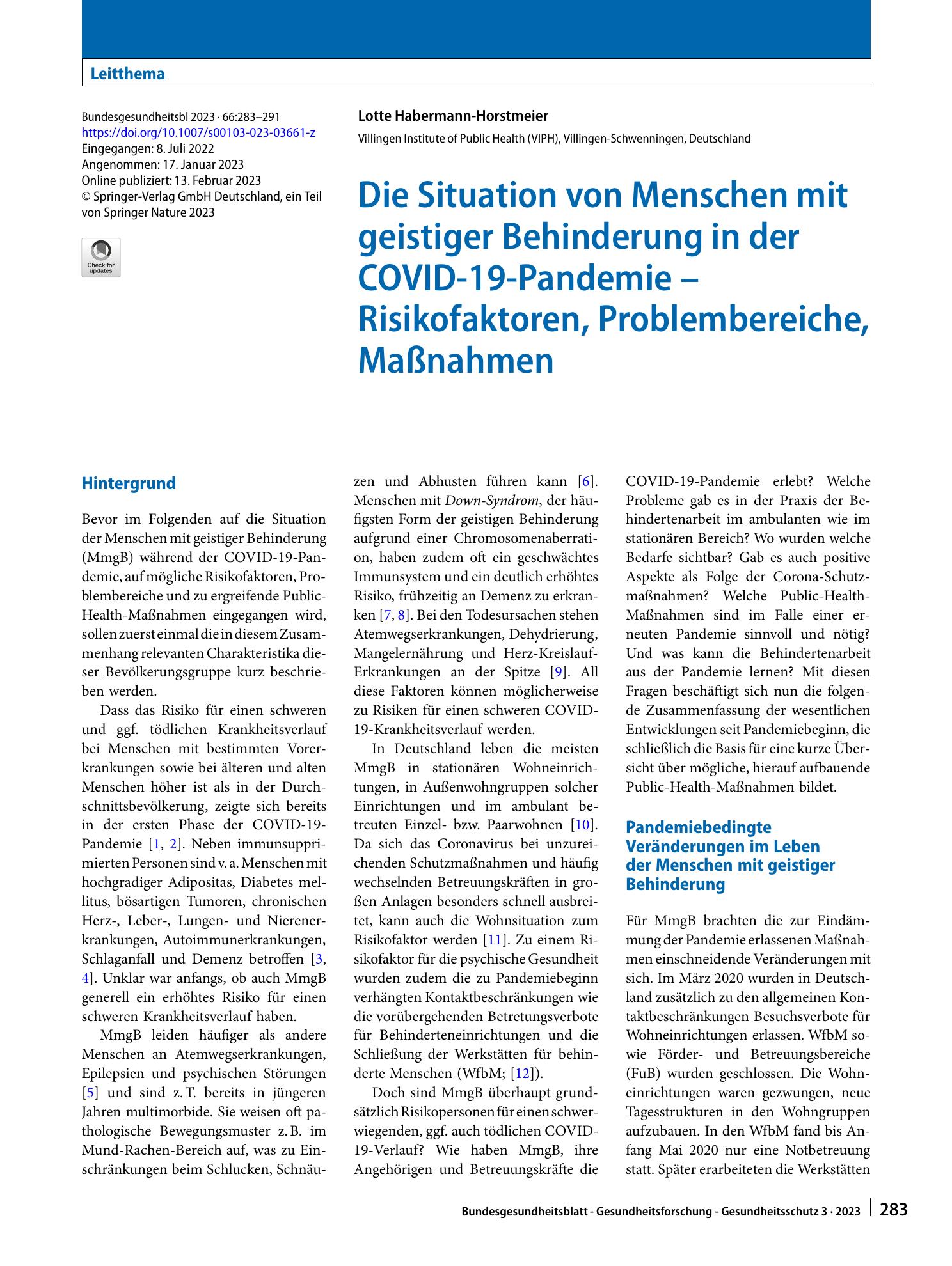 Vorschauseite 1: Die Situation von Menschen mit geistiger Behinderung in der COVID-19-Pandemie – Risikofaktoren, Problembereiche, Maßnahmen