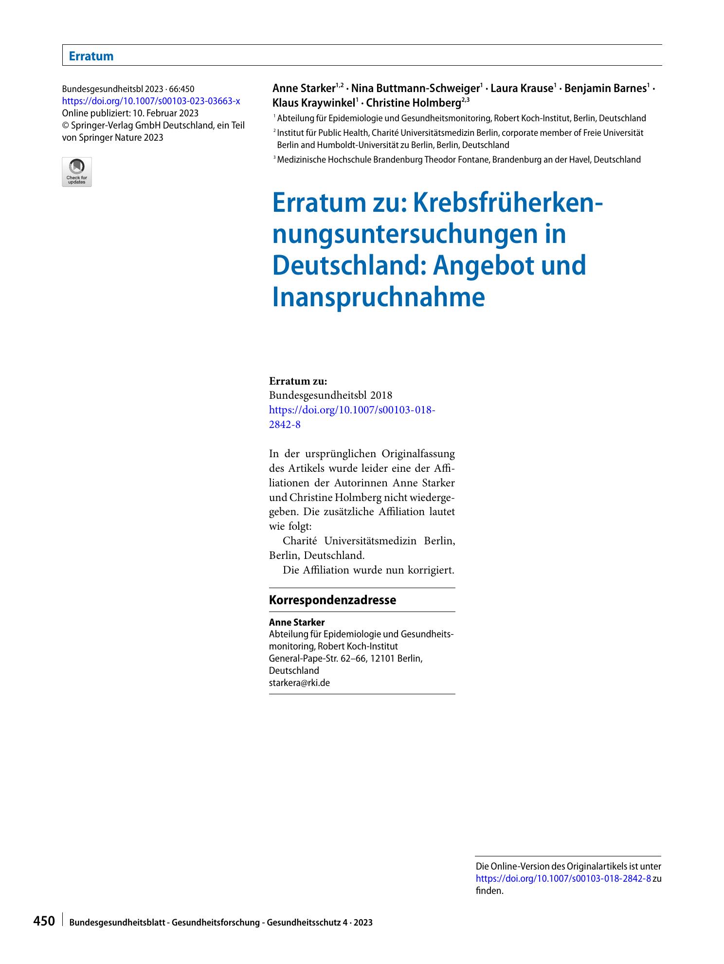 Vorschauseite 1: Erratum zu: Krebsfrüherkennungsuntersuchungen in Deutschland: Angebot und Inanspruchnahme