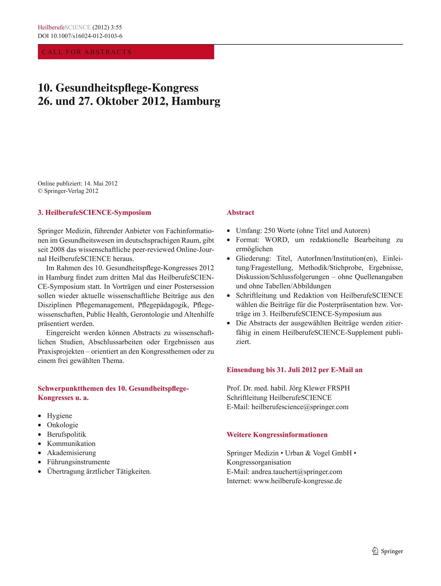 Vorschauseite 1: 10. Gesundheitspflege-Kongress 26. und 27. Oktober 2012, Hamburg