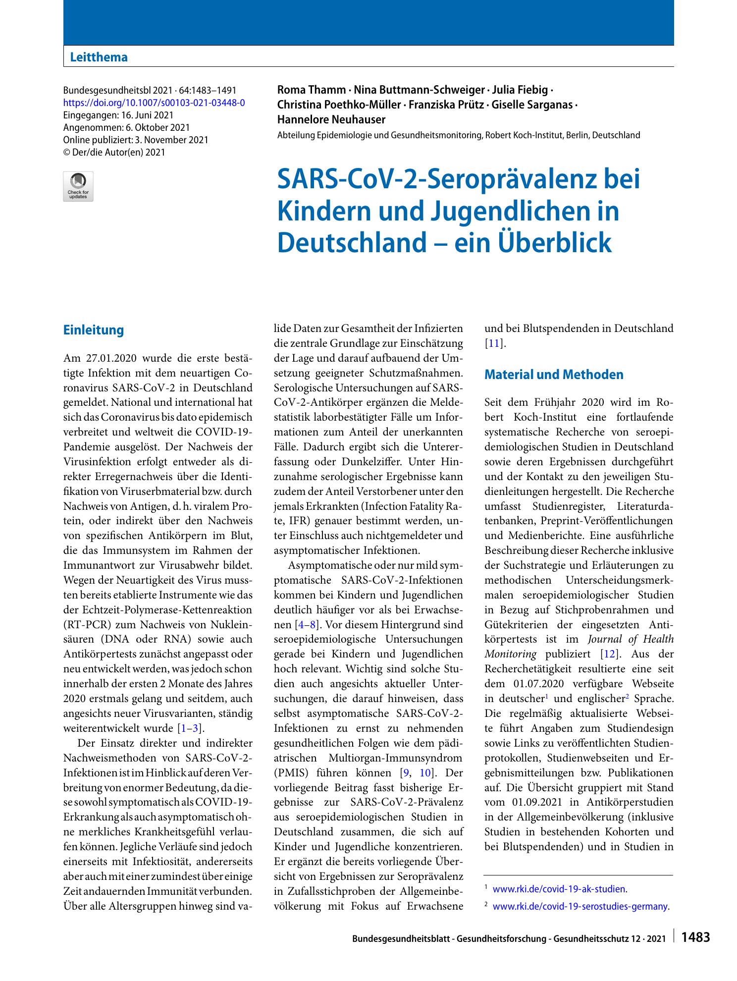 Vorschauseite 1: SARS-CoV-2-Seroprävalenz bei Kindern und Jugendlichen in Deutschland – ein Überblick