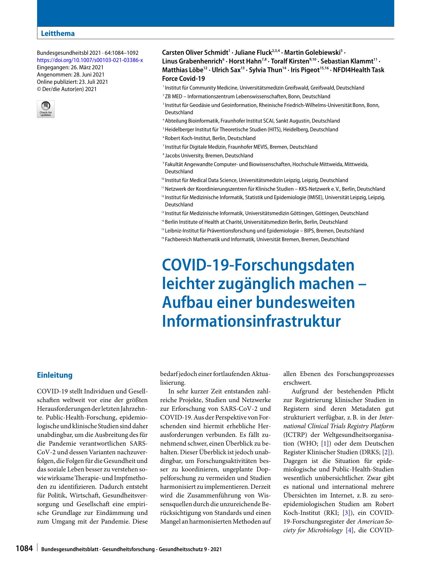 Vorschauseite 1: COVID-19-Forschungsdaten leichter zugänglich machen – Aufbau einer bundesweiten Informationsinfrastruktur