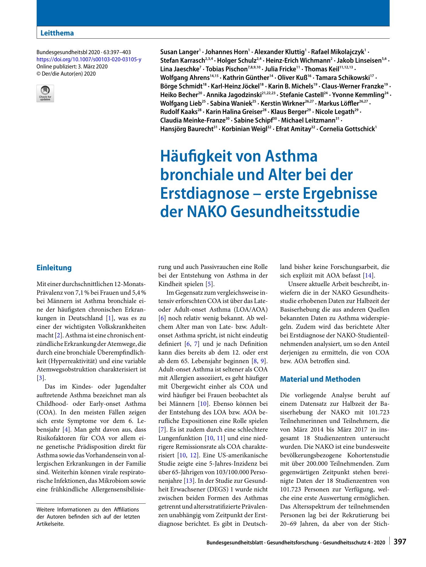 Vorschauseite 1: Häufigkeit von Asthma bronchiale und Alter bei der Erstdiagnose – erste Ergebnisse der NAKO Gesundheitsstudie
