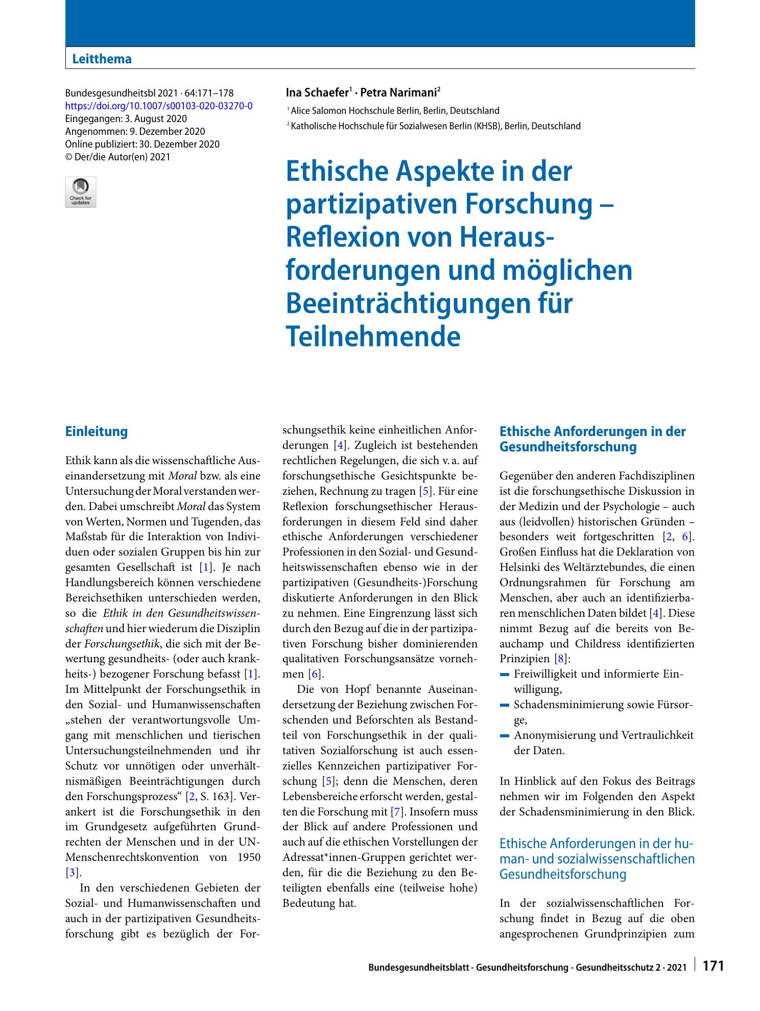 Vorschauseite 1: Ethische Aspekte in der partizipativen Forschung – Reflexion von Herausforderungen und möglichen Beeinträchtigungen für Teilnehmende
